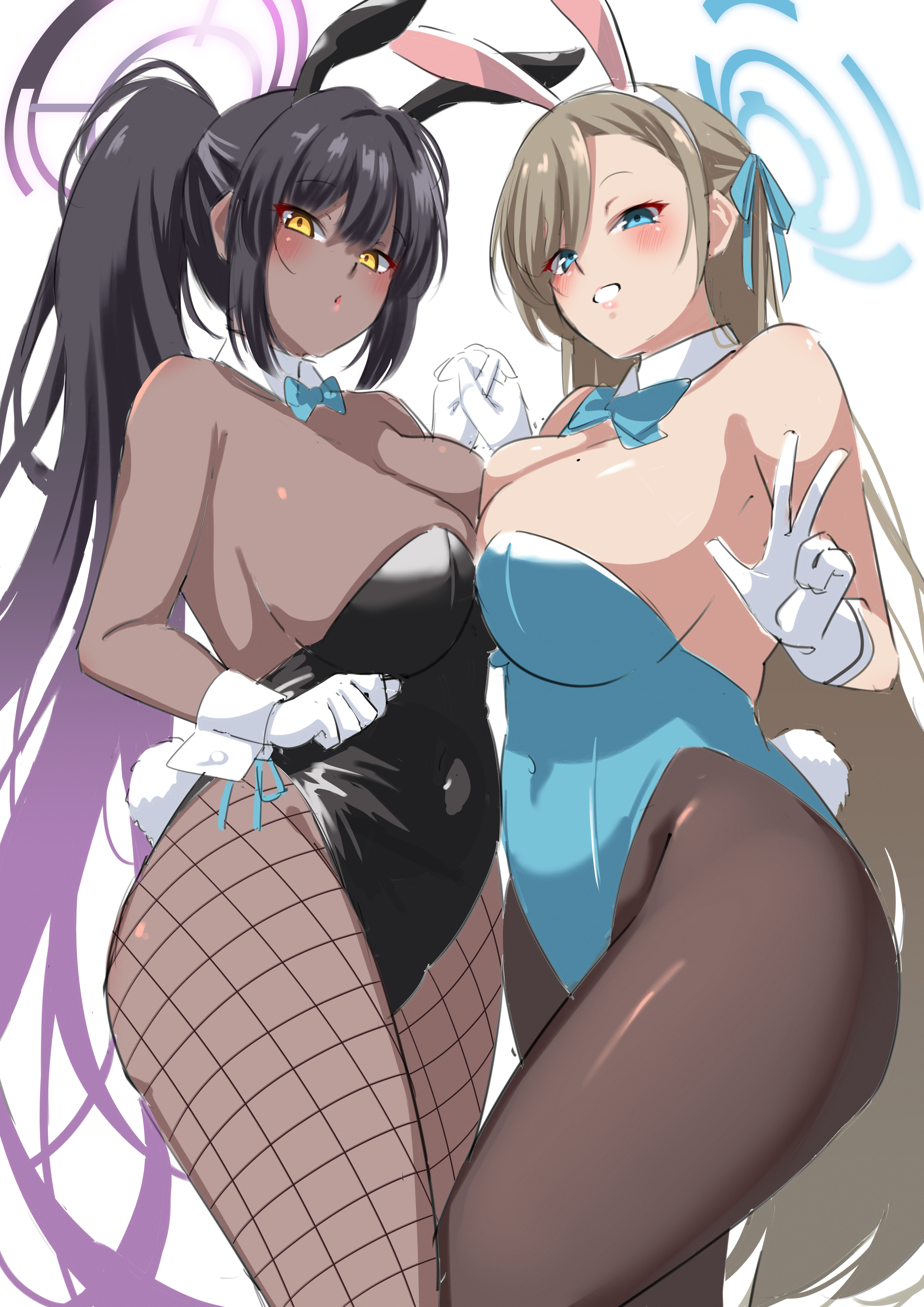 2girls, absurdres, animal ears, asuna (blue archive), asuna (bunny) (blue archive), black hair, black legwear, black leotard, blonde hair, blue archive, blue bow, blue bowtie, blue eyes, blue leotard, bow, bowtie, breast press, breasts, commentary request, cowboy shot, dark skin, dark-skinned female, detached collar, duo, duo focus, fake animal ears, fake tail, female, fishnet legwear, fishnets, gloves, halo, highres, huge breasts, karin (blue archive), karin (bunny) (blue archive), leotard, long hair, millennium science school student, mole, mole on breast, multiple females, multiple girls, nanohana (november.), pantyhose, playboy bunny, ponytail, rabbit ears, rabbit tail, simple background, strapless, strapless leotard, symmetrical docking, tail, white background, white gloves, wrist cuffs, yellow eyes