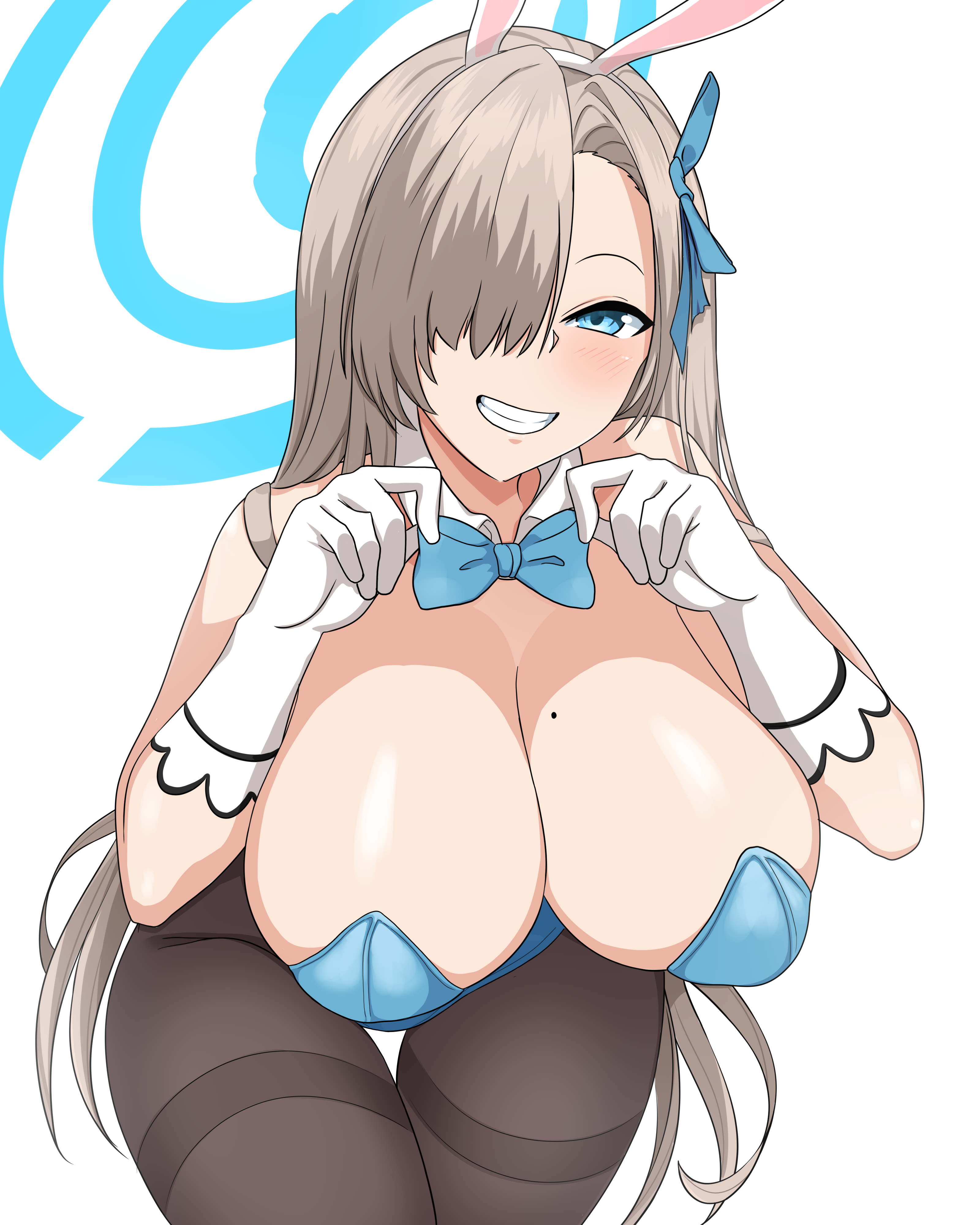 1girls, animal ears, asuna (blue archive), asuna (bunny) (blue archive), blue archive, blue eyes, blue leotard, bow, bowtie, breasts, bunny ears, cleaning & clearing (blue archive), detached collar, fake animal ears, female, female focus, female only, gloves, hagarza p, hair over one eye, highleg, highleg leotard, highres, large breasts, leotard, light brown hair, long hair, millennium science school student, pantyhose, rabbit ears, solo, solo female, strapless leotard, white background, white gloves