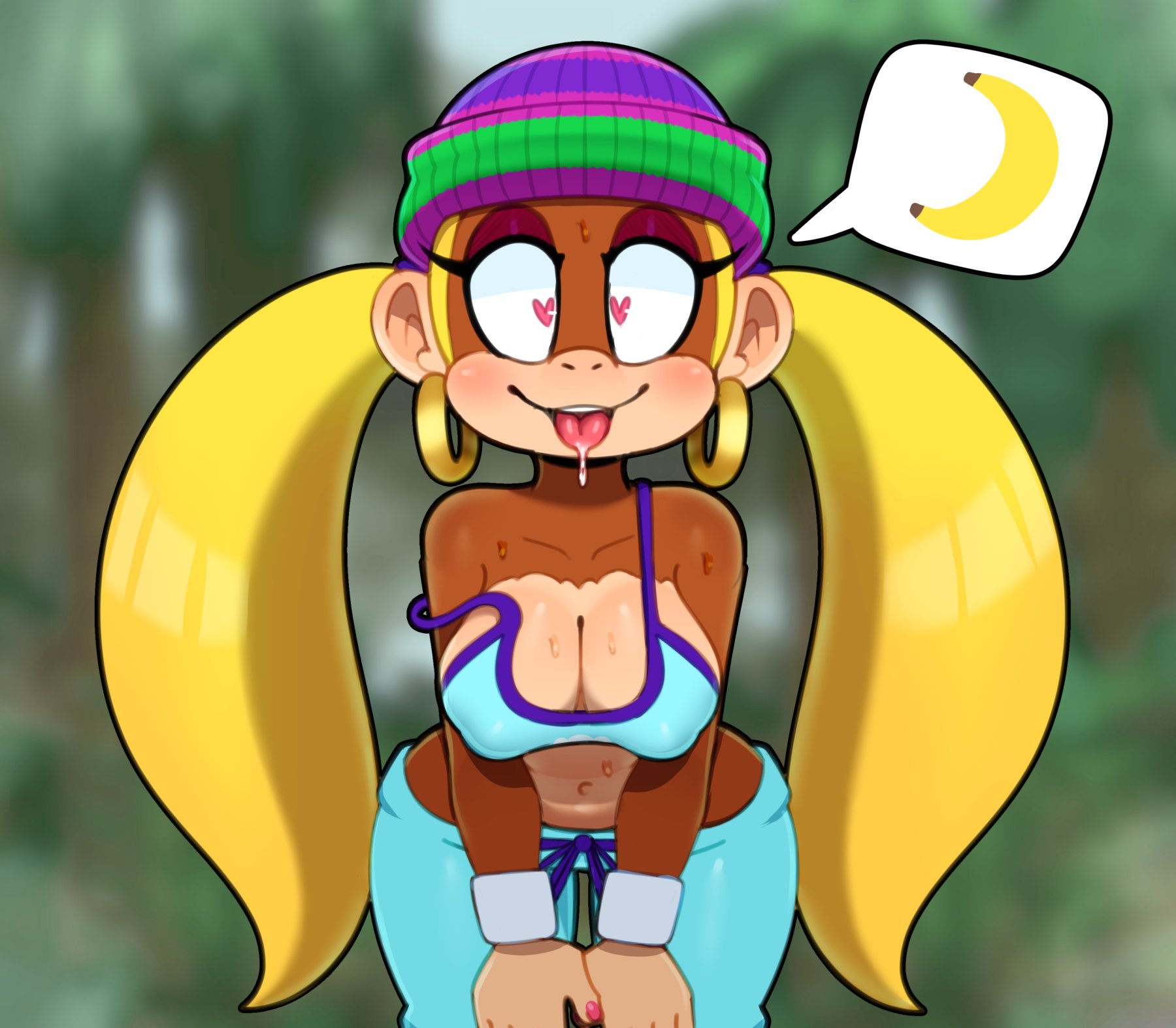 1girls, anthro, ape, banana, big breasts, breasts, cleavage, donkey kong (series), drooling, earrings, female, female only, furry, haplorhine, heart in eye, heart-shaped pupils, hearts in eyes, hoop earrings, monkey, nintendo, pigtails, primate, solo, somescrub, sweat, sweaty, tagme, tiny kong
