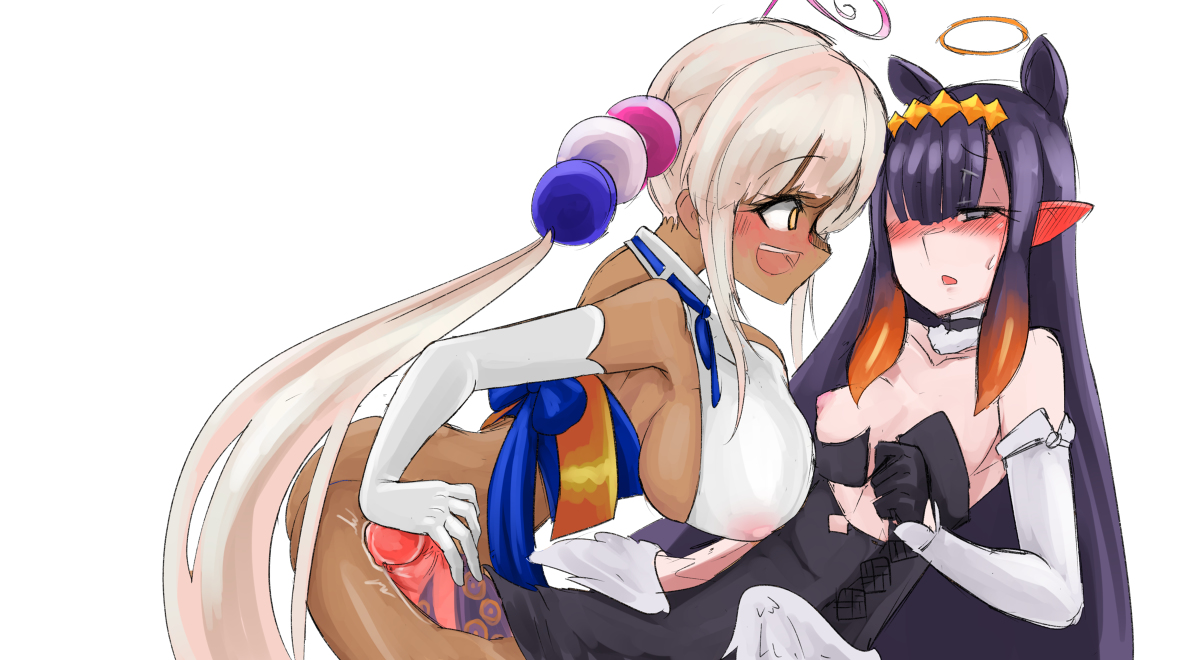 1futa, 1girls, angel wings, areola, areolae, armwear, ass, big ass, big breasts, big penis, blue eyes, blush, blushing profusely, breasts, bubble ass, bubble butt, choker, clothed, clothing, collarbone, dark skin, dark-skinned female, diadem, duo, erect nipples, erection, eyebrows visible through hair, female, female on futa, futa on female, futanari, gloves, halo, hand on penis, handjob, heavy blush, highres, hololive, hololive english, hololive english -council-, hololive myth, human, humanoid, intersex, large breasts, large penis, light skin, light-skinned futa, long gloves, long hair, looking at partner, looking to the side, low wings, mamejin, massive breasts, mostly clothed, multicolored hair, ninomae ina'nis, nipples, nipples visible through clothing, orange hair, pale skin, pale-skinned futa, partially clothed, penis, pink nipples, pointy ears, purple hair, questionable consent, red ears, round ass, sideways mouth, small breasts, tiara, topwear only, tsukumo sana, twitching, very high resolution, very long hair, virtual youtuber, voluptuous, white background, white hair, wings, yellow eyes