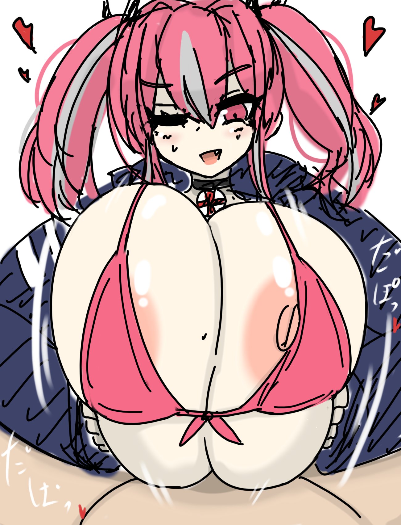 1boy, 1girls, alternate breast size, azur lane, big breasts, bikini, bikini top, bimbo, blush, breast grab, breast hold, breasts, bremerton (azur lane), color, engulfing paizuri, female, gigantic breasts, happy sex, heart, huge breasts, hyper breasts, japanese text, large breasts, looking at partner, looking at viewer, male, massive breasts, one eye closed, open mouth, open smile, paizuri, paizuri lead by female, paizuri on lap, pink bikini, pink bikini top, pink eyes, pink hair, pink swimsuit, smile, straight, sweat, swimsuit, text, translation request, vaba, wink