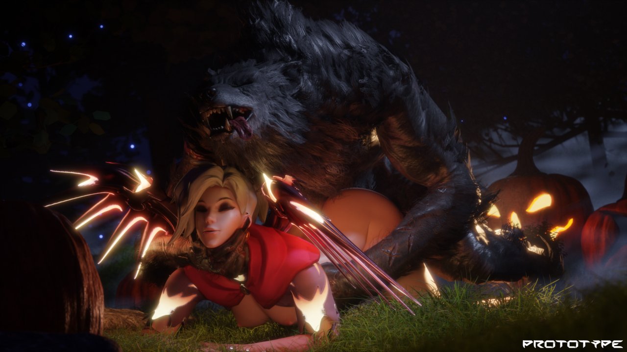 1boy, 1girls, 3d, 3d (artwork), blizzard entertainment, blonde hair, blue eyes, breasts, canine, closed eyes, female, halloween, happy, happy sex, interspecies, jack-o'-lantern, male, medium breasts, mercy, monster, monster on female, nipples, overwatch, pleasure face, prototype (artist), pumpkin, werewolf, witch, witch mercy