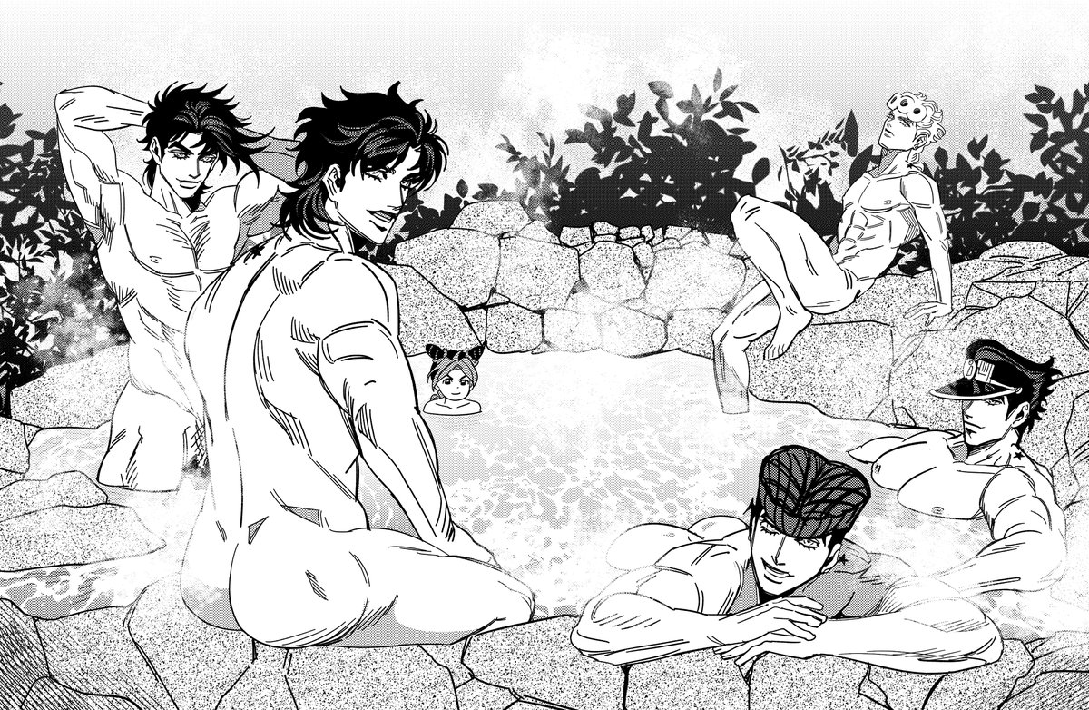 1girls, 5boys, bathing, bathing together, battle tendency, diamond is unbreakable, female, giorno giovanna, golden kamuy, hot spring, joestar birthmark, jojo's bizarre adventure, jolyne kujo, jonathan joestar, joseph joestar, josuke higashikata, jotaro kujo, male, muscular, nude, nude male, pecs, pectorals, phantom blood, stardust crusaders, stone ocean, vento aureo, yaoi