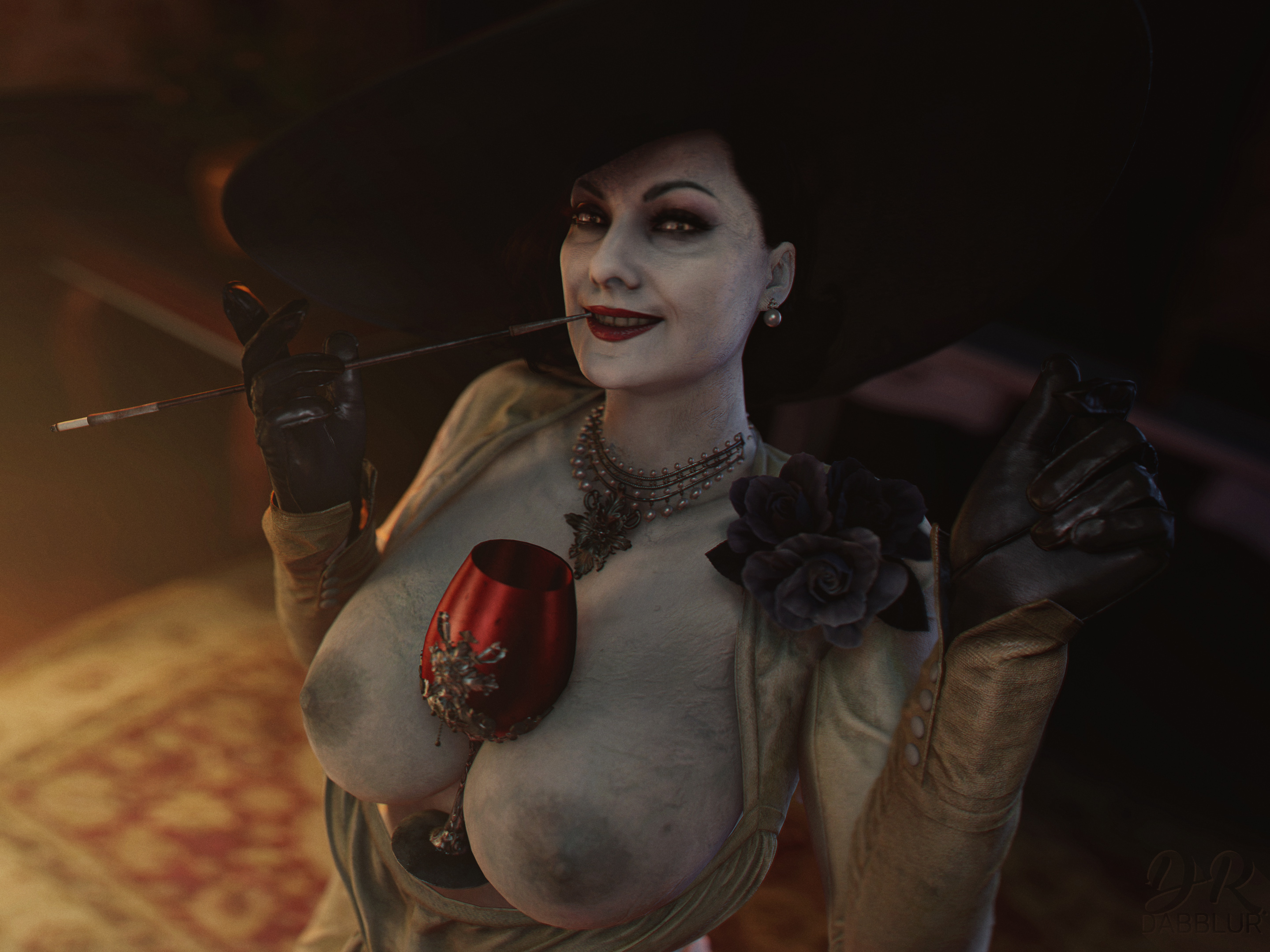 1girls, 3d, alcina dimitrescu, areolae, between breasts, breasts, drdabblur, female, female only, light skin, light-skinned female, looking at viewer, mature female, milf, nipples, pale skin, pale-skinned female, resident evil, resident evil 8: village, solo, source filmmaker