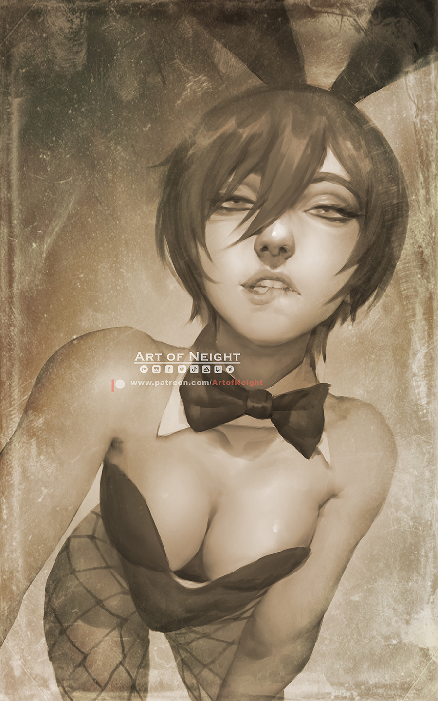 1girls, attack on titan, biting lip, black hair, breasts, bunny ears, bunny girl, bunnysuit, cleavage, female, female focus, female only, fully clothed, large breasts, looking at viewer, medium breasts, mikasa ackerman, naughty face, neight, revealing clothes, seductive eyes, seductive look, seductive mouth, shingeki no kyojin, short hair, solo, solo focus, thighs, very short hair
