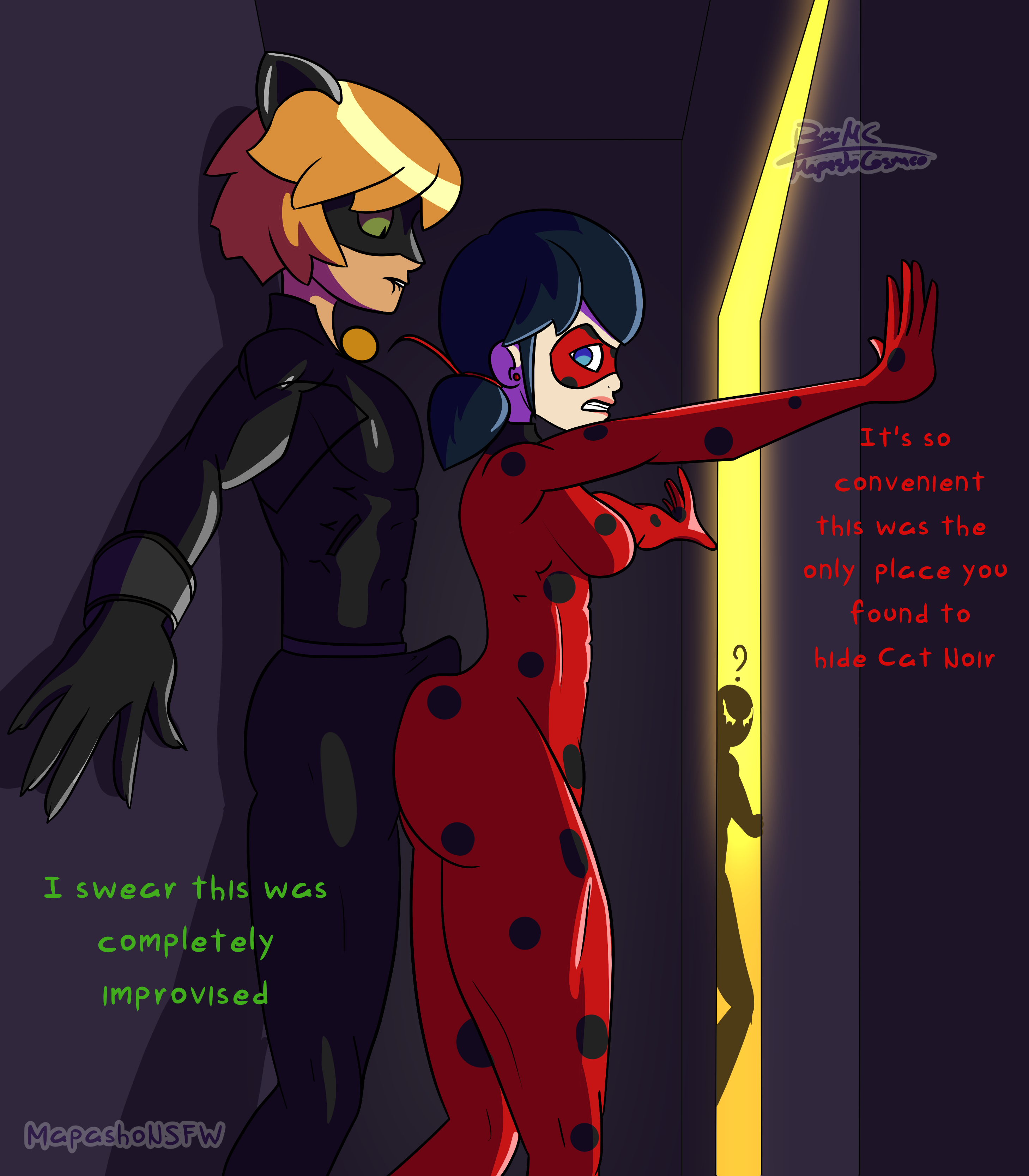 1girls, adrien agreste, ass, big ass, big butt, big penis, blonde hair, blue eyes, blue hair, bodysuit, breasts, cat noir, couple, english text, erection, female, green eyes, ladybug (character), light skin, male, male/female, mapashonsfw, marinette cheng, marinette dupain-cheng, marvel, marvel comics, medium breasts, miraculous ladybug, penis, spider-man (series), text, tight clothing, venom, venom (marvel)