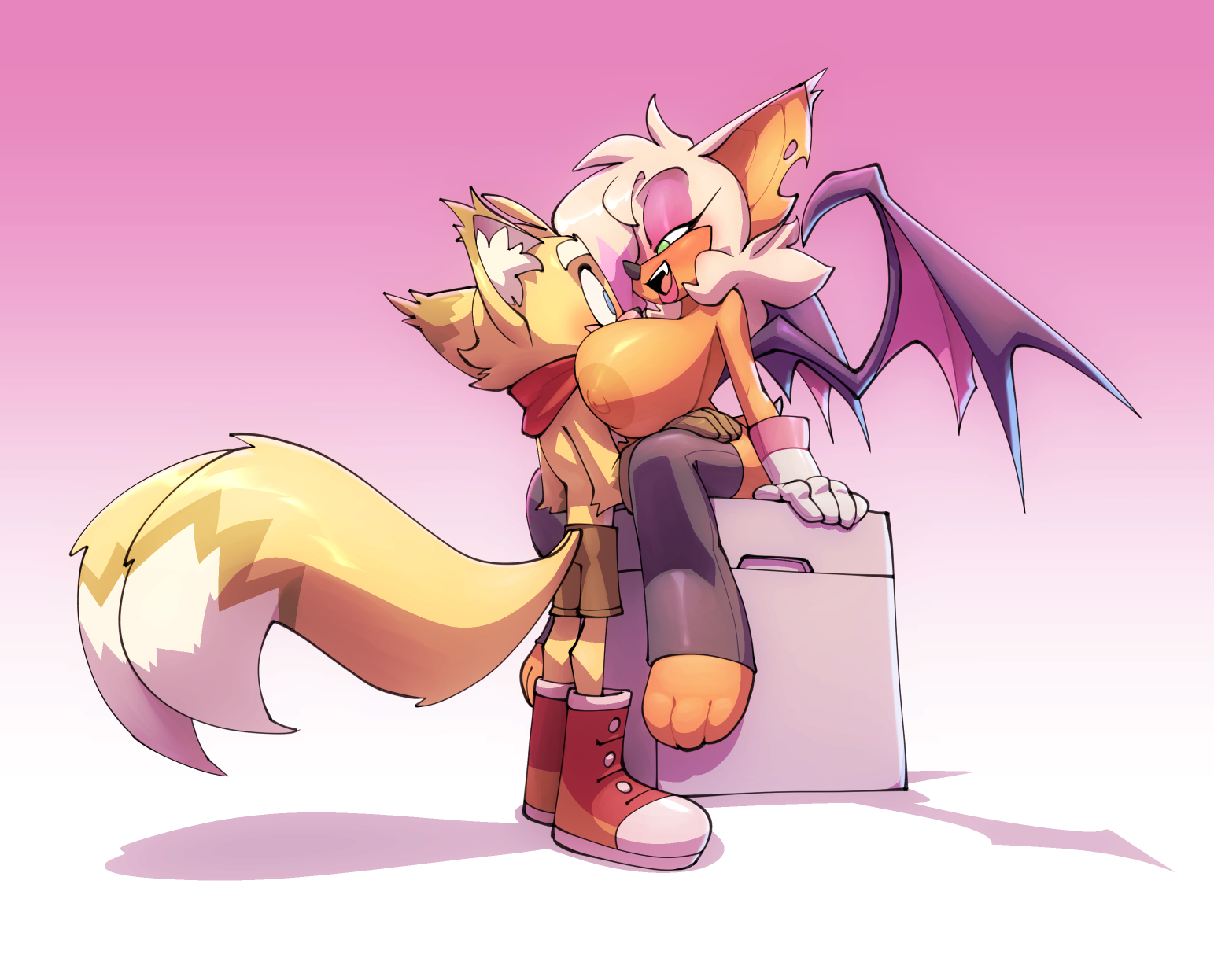 2 tails, anthro, bat, big breasts, bigdad, bottomwear, breasts, canid, canine, chiropteran, clothed, clothing, dipstick tail, duo, female, footwear, fox, handwear, head between breasts, hi res, huge breasts, male, male/female, mammal, markings, mostly nude, multi tail, neckwear, rouge the bat, sega, sitting, sonic (series), sonic the hedgehog (series), tail, tail markings, tails, tails the fox, topless, white body, white fur, yellow body, yellow fur