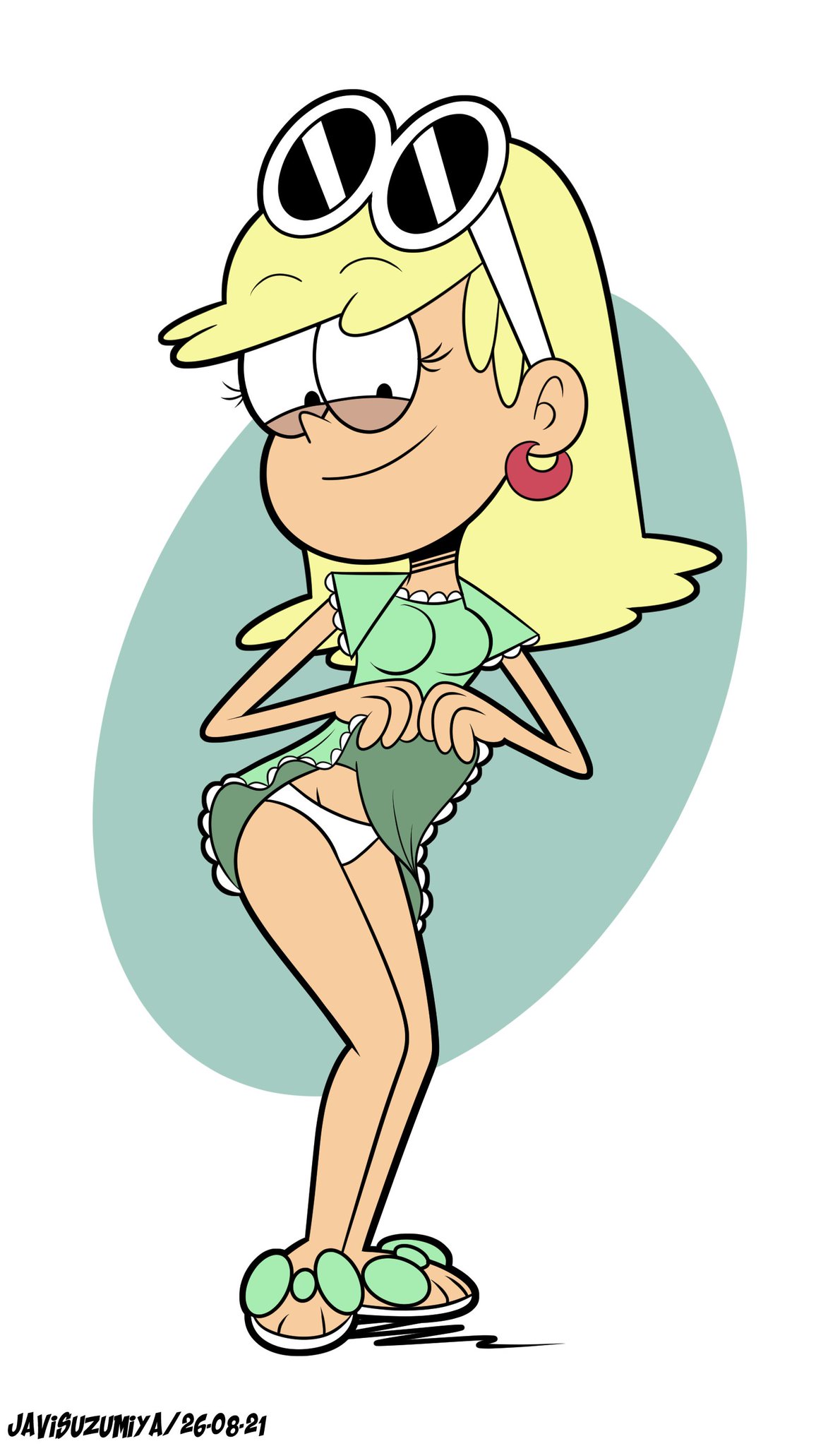 1girls, 2021, 2d, artist name, blonde hair, dated, dress, dress lift, earrings, fair skin, feet, female, female focus, female only, flashing, hi res, javisuzumiya, leni loud, lifted by self, light skin, light-skinned female, panties, pantyshot, sandals, shoes, skirt lift, smile, solo, solo female, solo focus, teenage female, teenager, the loud house, thighs, white background, white panties, young