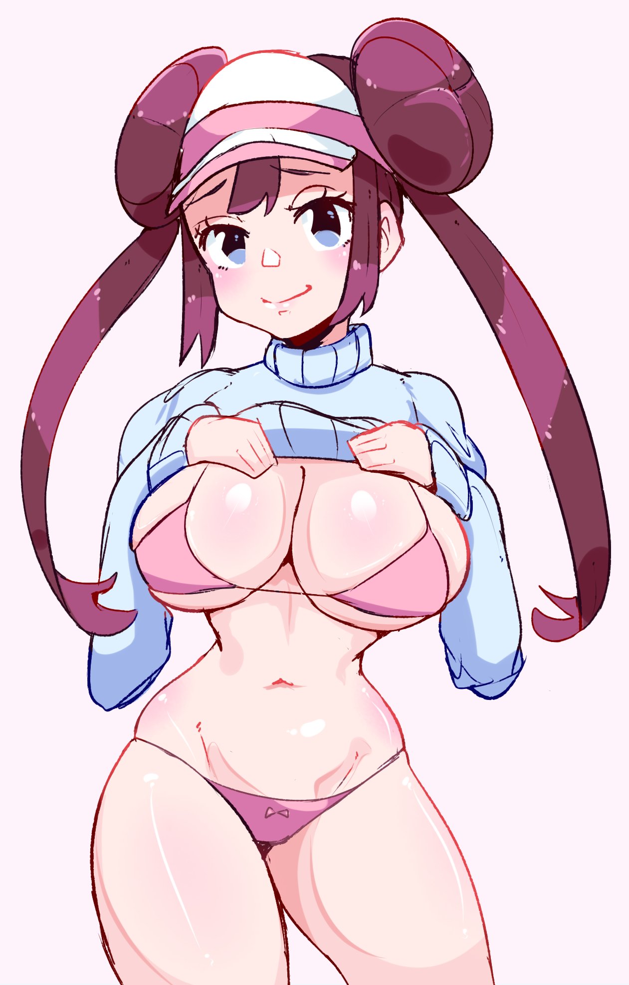 1girls, alternate breast size, big breasts, blue eyes, breasts, brown hair, cap, double bun, female, large breasts, long hair, mouseebuns, nintendo, pokemon, pokemon bw2, rosa (pokemon), solo, sweater, sweater lift, thick thighs, thighs, thong, twintails, white background