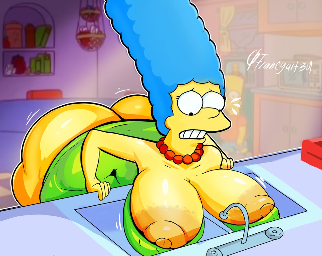 1girls artist_name big_breasts blue_hair breasts breasts_out francyart34 huge_ass huge_breasts large_breasts leaning_forward marge_simpson necklace sink the_simpsons yellow_body