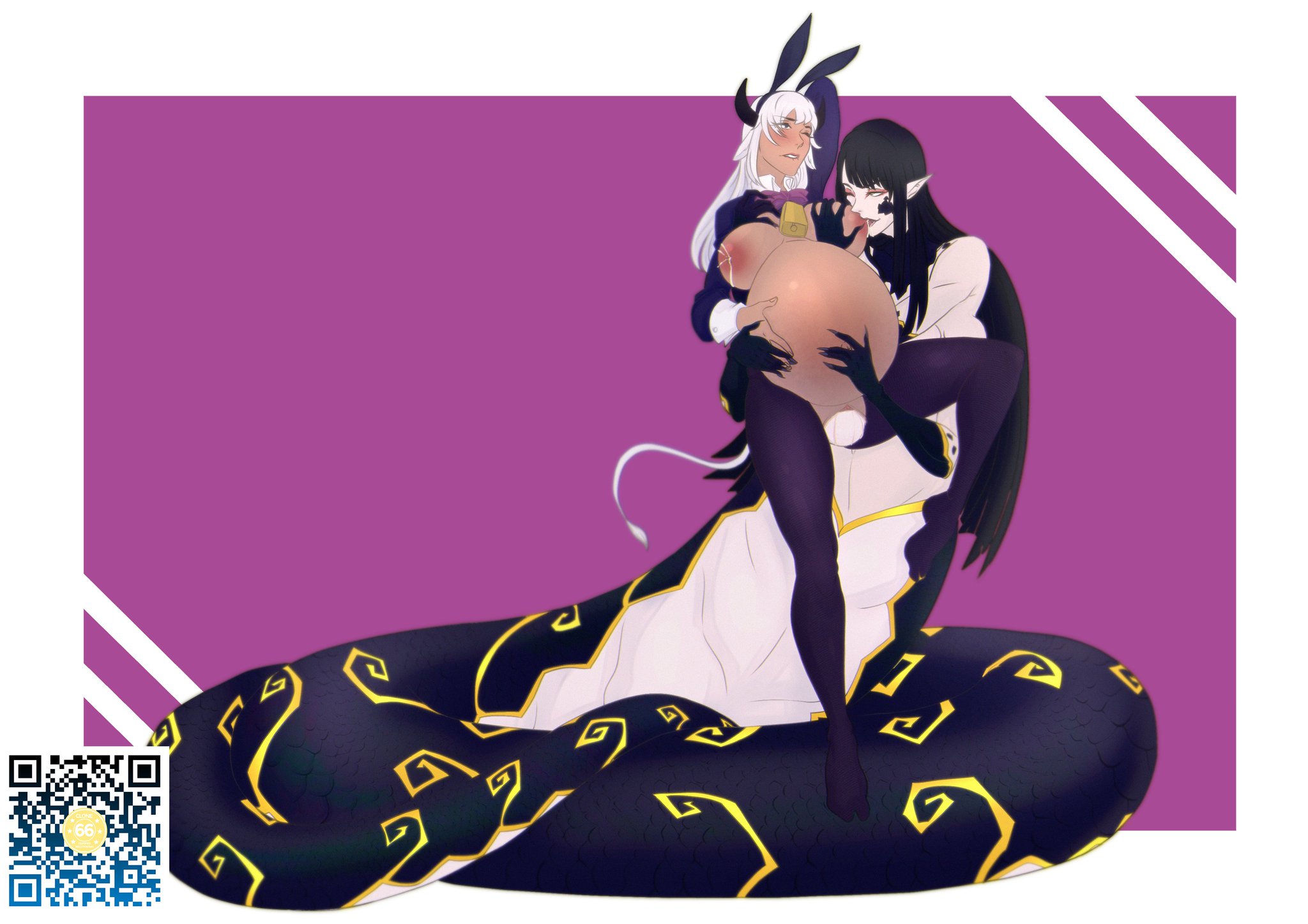 1futa, 1girls, amniotic fluid, animal ears, areolae, big breasts, birth, breast sucking, breasts, bunny ears, bunnysuit, clone66, couple, crowning, dark skin, dark-skinned female, duo, egg, egg laying, female, futa wife, futa with female, futadom, futanari, hand on belly, hand on breast, humanoid, implied futa, intersex, interspecies, interspecies pregnancy, kemonomimi, lactating, lamia, leaking milk, light skin, light-skinned futa, milf, milk, monster girl, naga, nipples, one leg up, pale skin, pregnant, thick thighs