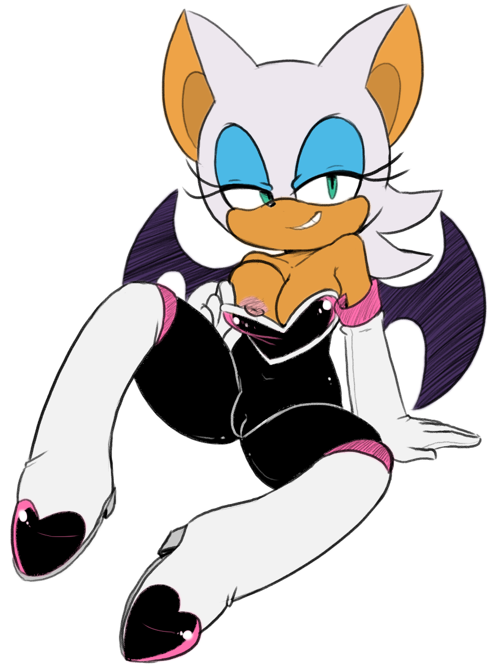 1girls, anthro, bat, breasts, cameltoe, edit, eyeshadow, female, hearlesssoul, looking at viewer, nipple slip, nipples, pussy, rouge the bat, smiling at viewer, sonic (series), wings