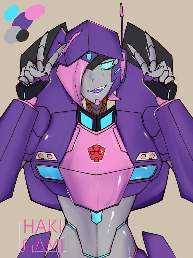 1girls arcee artist_request autobot bangs bangs_over_one_eye blue_eyes double_v_sign fang female female_only gamihaki grin hair_over_one_eye one_eye_covered peace_sign robot robot_girl solo tagme_(artist) transformers v_sign