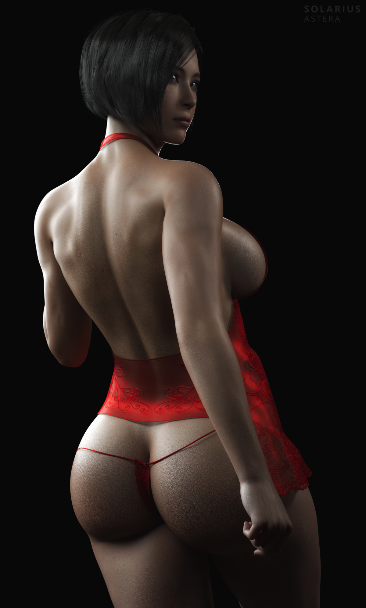3d, ada wong, ada wong (adriana), ass, breasts, capcom, exposed panties, female, looking back, resident evil, resident evil 2, resident evil 2 remake, sideboob, solarius astera, thong