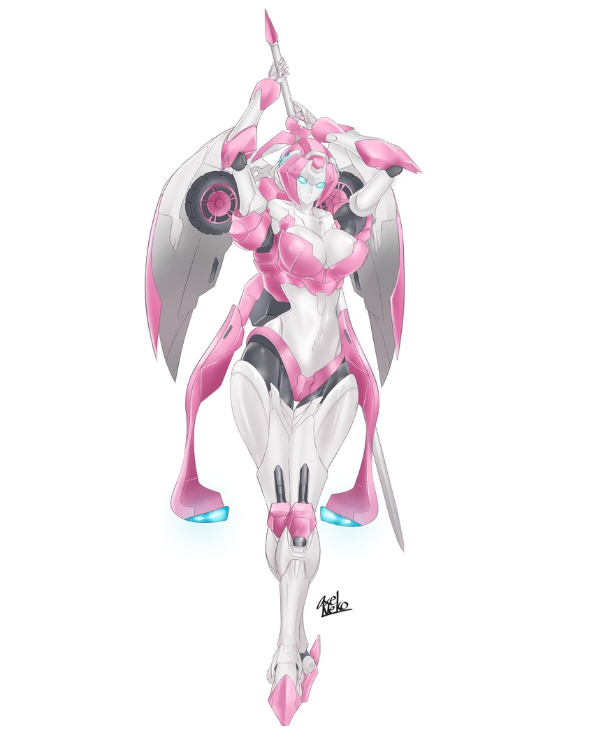 arcee belly bikini blue_eyes cape ex-01_nicee female long_legs pink_hair robot_girl solo sword thick_thighs transformers voluptuous walking white_background