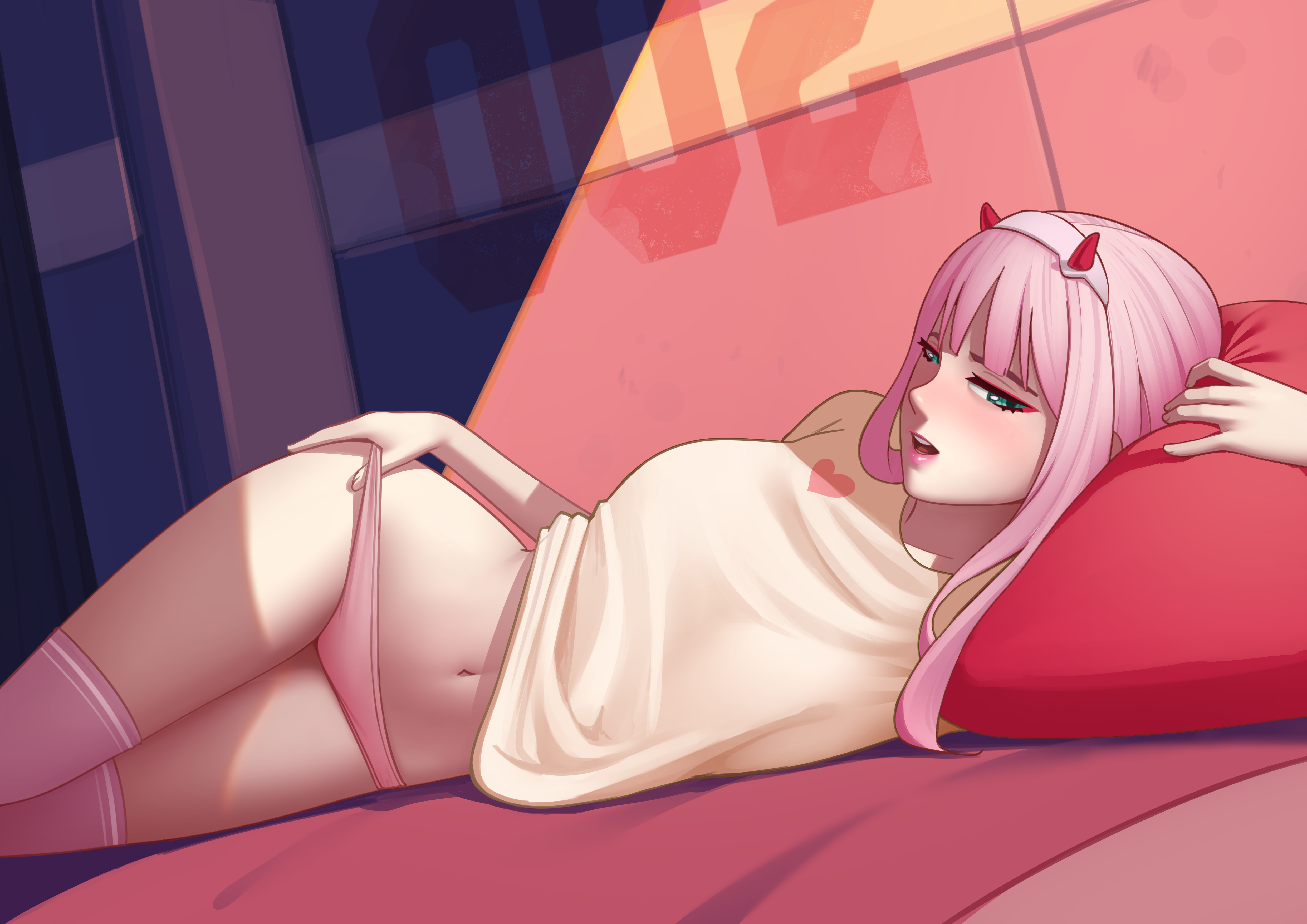 1girls, blush, blushing at viewer, clothed, darling in the franxx, deilan12, female, female focus, female only, hand on thigh, headband, horned headwear, laying on bed, laying on side, long socks, looking at viewer, panties, pillow, pink hair, pulling panties, shirt, solo, solo female, solo focus, teal eyes, zero two (darling in the franxx)