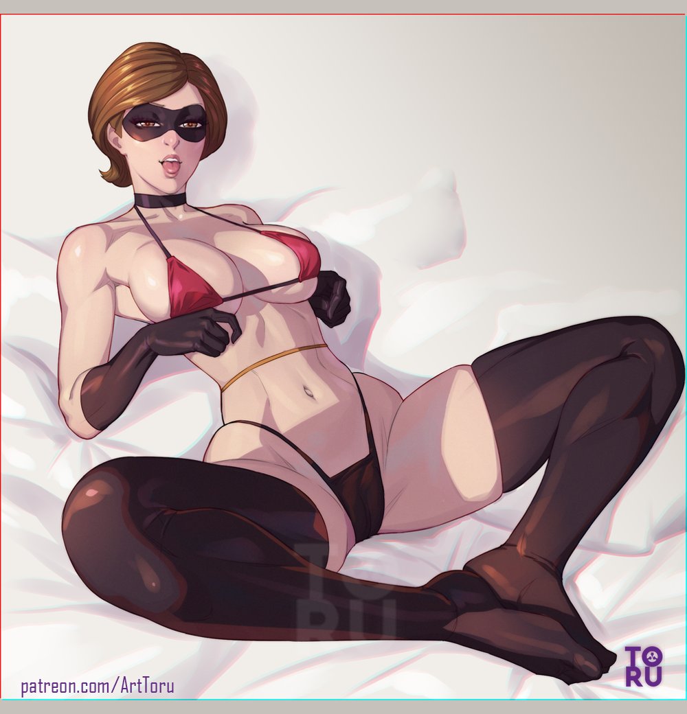 arttoru, big breasts, bikini top, black panties, breasts, choker, disney, domino mask, elastigirl, female, helen parr, lingerie, mature female, milf, panties, pixar, red bikini, smooth skin, stockings, superheroine, the incredibles, thick thighs, tongue, tongue out
