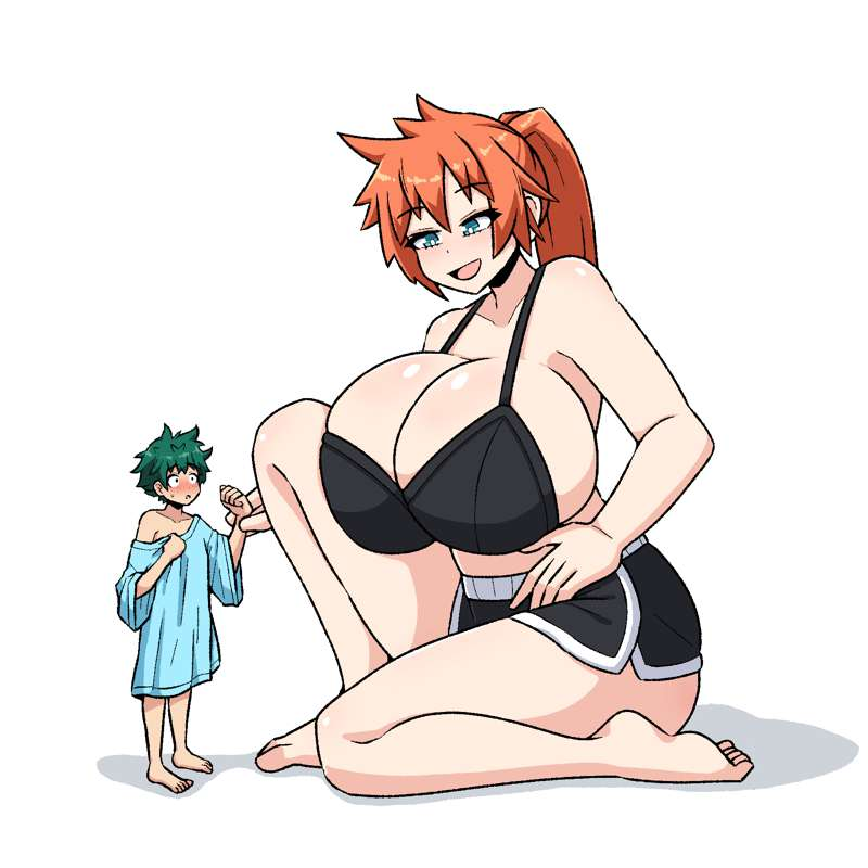 1boy 1girls attribute_theft big_breasts bigger_female black_bra blue_eyes blush bra breasts giant_female giantess green_hair hand_on_own_hip holding_arm huge_breasts inksgirls itsuka_kendou izuku_midoriya larger_female light_skin loose_clothes my_hero_academia orange_hair short_male shorts shrinking smaller_male tied_hair white_background