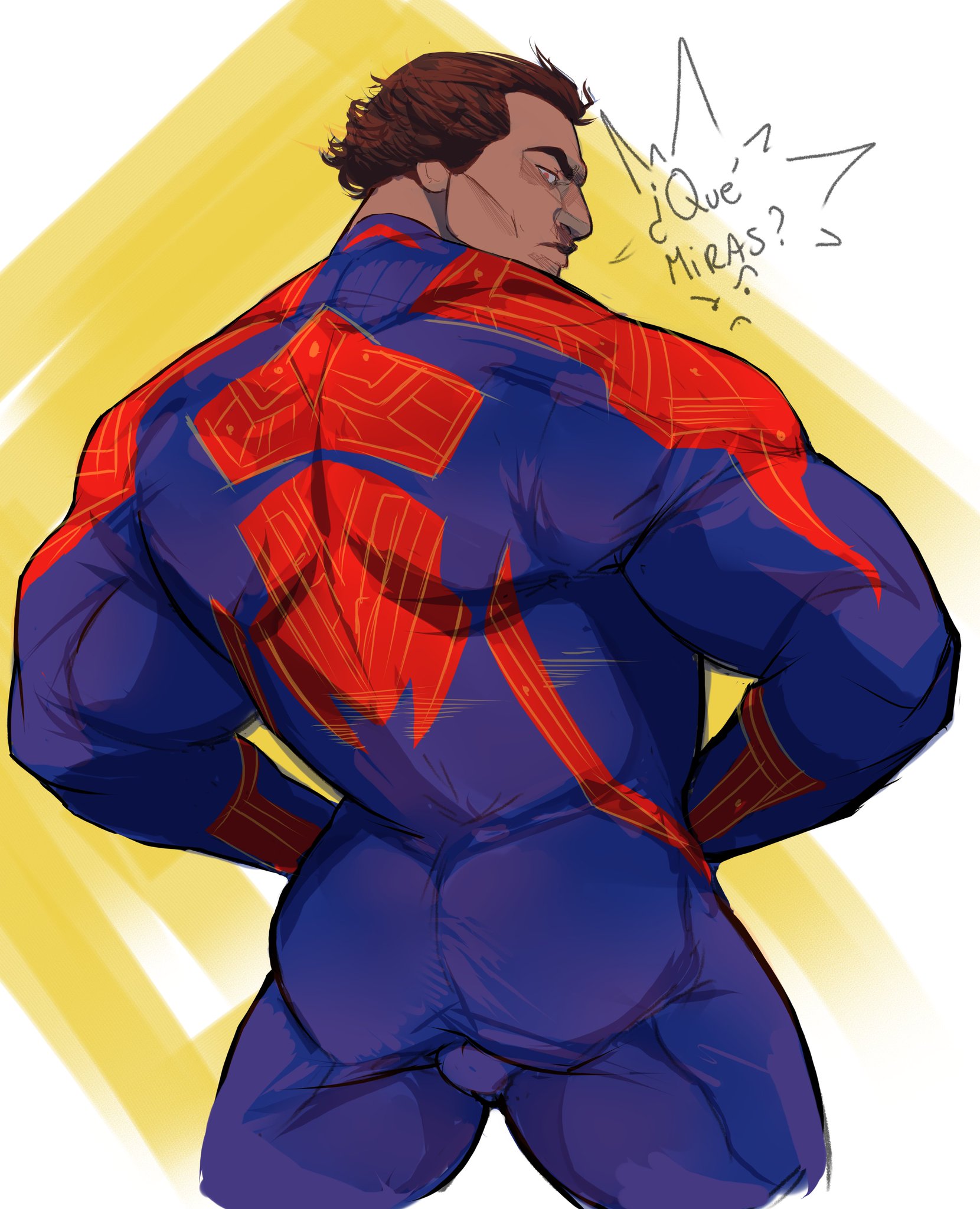 1boy, ass, backsack, balls, ballsack, bara, dark skin, dark-skinned male, human, human only, infestedcake, looking back at viewer, male, male only, marvel, marvel comics, mature, mature male, miguel o'hara, muscular, skin tight, solo, solo male, spanish text, speech bubble, spider-man (series), spider-man: across the spider-verse, yaoi
