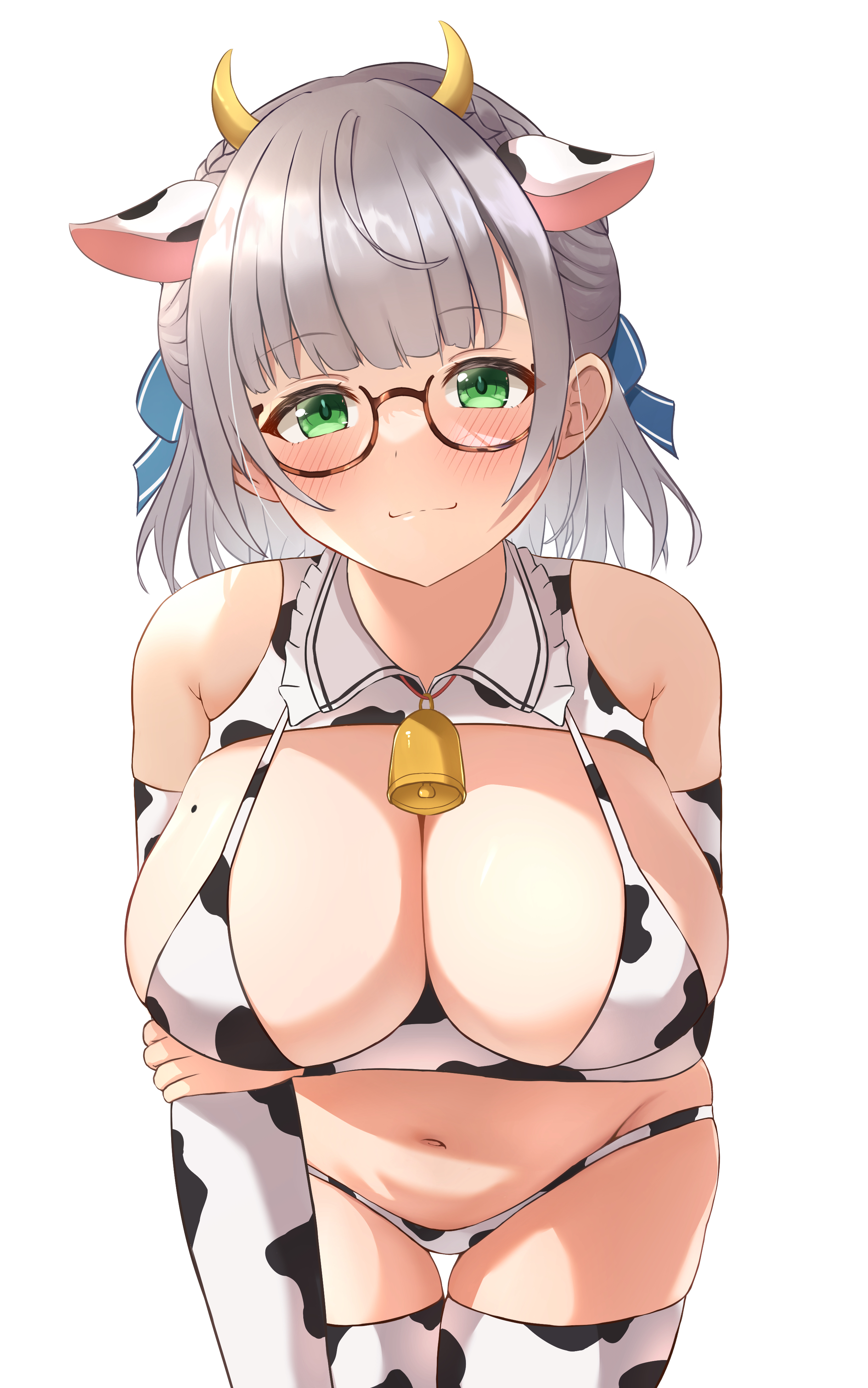 1girls, 2021, absurdres, alternate costume, alternate version available, animal ears, animal print, arm under breasts, bangs, bare shoulders, bell, bent over, bikini, blunt bangs, blush, breasts, cleavage, closed mouth, cow ears, cow girl, cow horns, cow print, cow print bikini, detached collar, elbow gloves, fake animal ears, female, female focus, female only, glasses, gloves, green eyes, grey hair, hair ribbon, highres, hololive, hololive fantasy, hololive japan, horns, imosatsumaa, jingle bell, large breasts, looking at viewer, medium hair, mole, mole on breast, navel, neck bell, ribbon, shirogane noel, simple background, solo, solo female, swimsuit, thighhighs, virtual youtuber, white background
