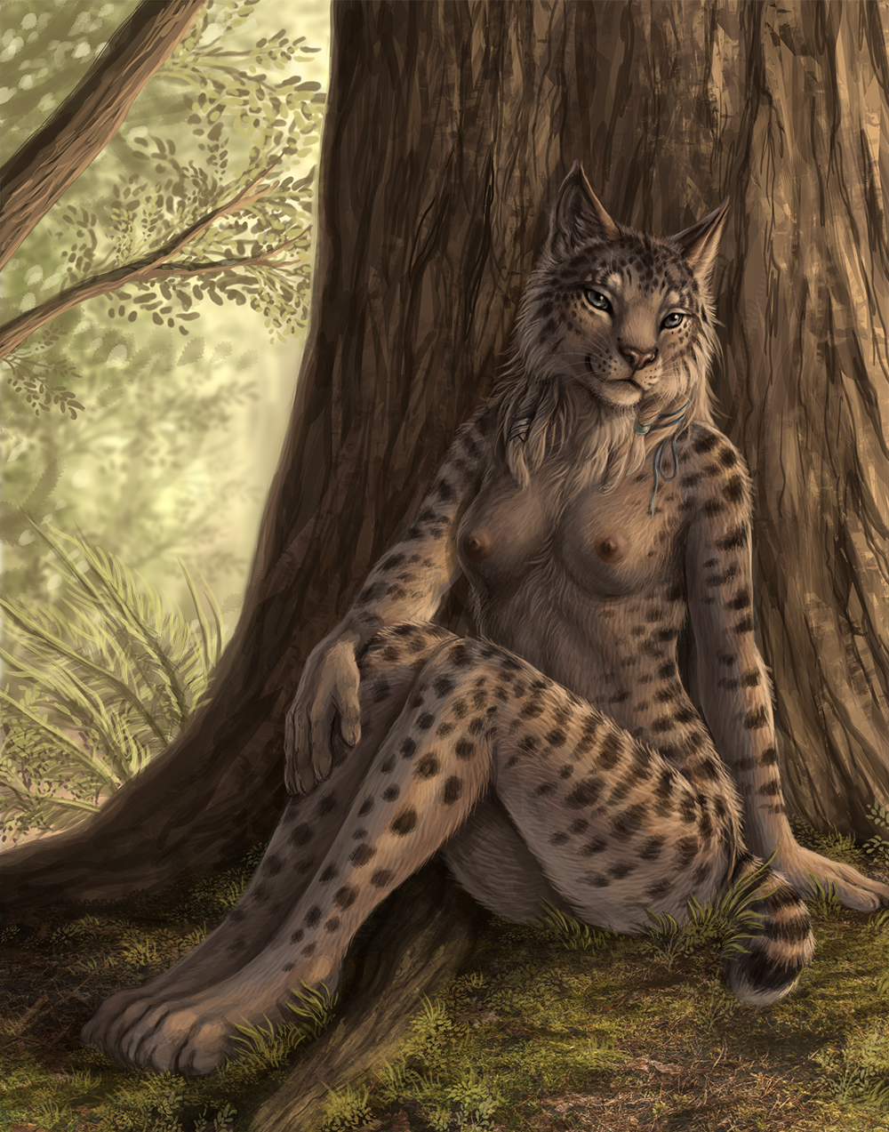 anthro braided_hair breasts detailed detailed_fur digitigrade felid feline female fur grass green_eyes hair hi_res looking_at_viewer lynx mammal nude plant rukis shivah short_tail sitting smile solo spots tail tree