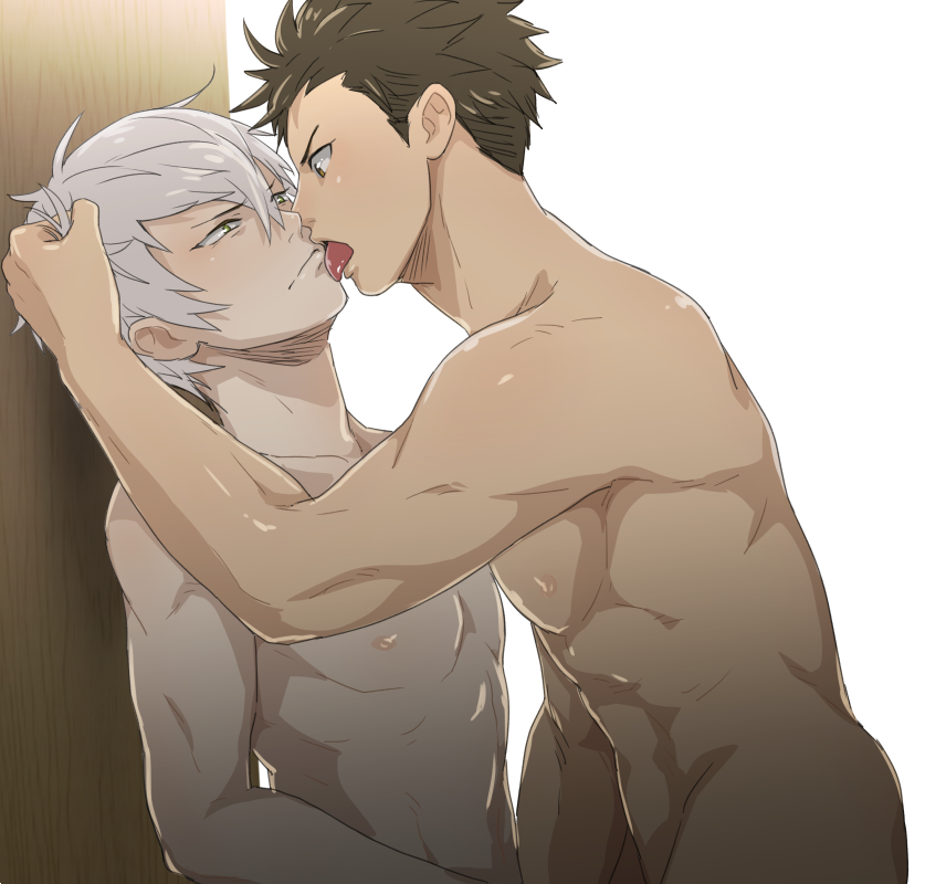 2boys abs black_hair closed_mouth completely_nude couple grabbing_another's_hair grey_hair ishida_mitsunari_(sengoku_basara) jigoku_meguri licking licking_another's_face looking_at_another male_focus multiple_boys navel nipples nude sengoku_basara short_hair simple_background tokugawa_ieyasu_(sengoku_basara) toned toned_male tongue tongue_out upper_body yaoi