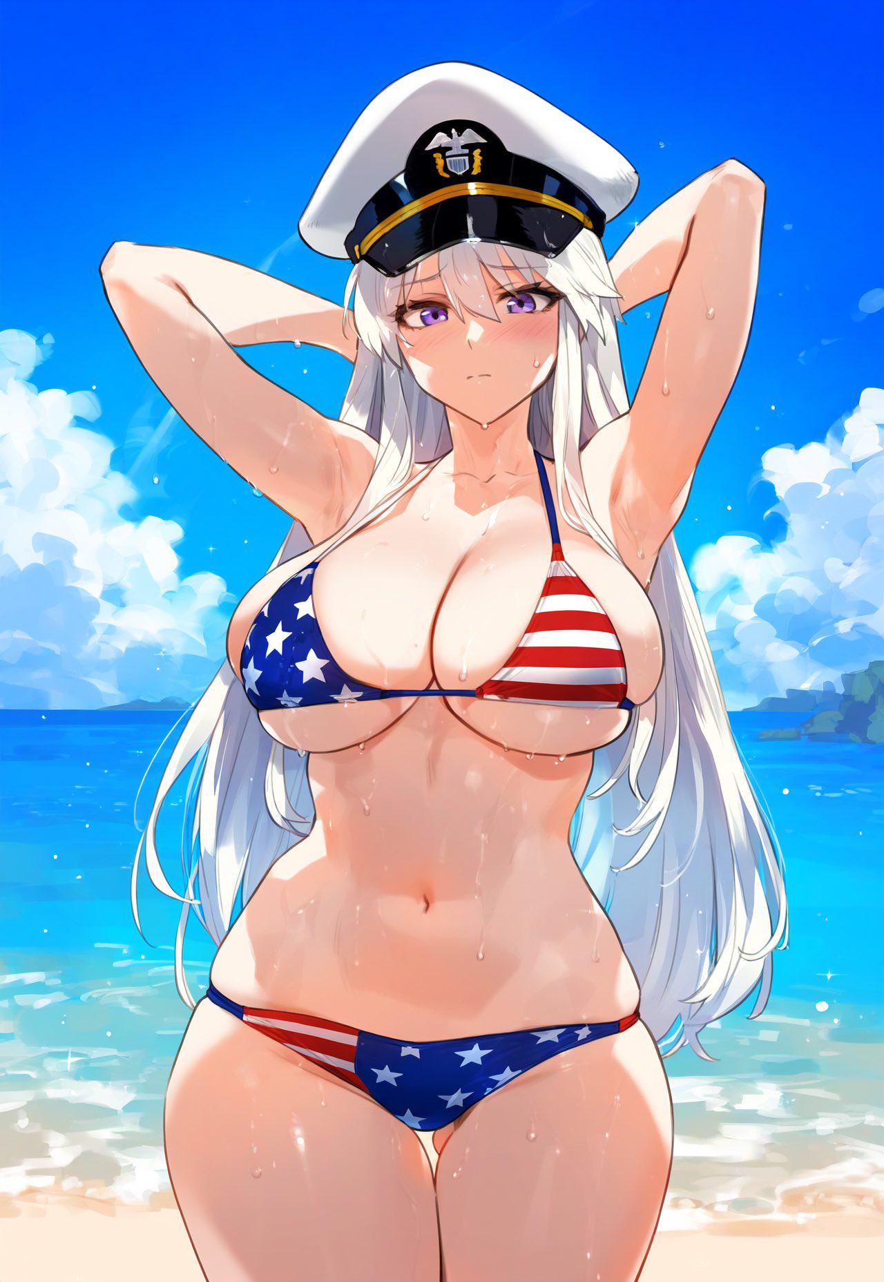 1girls ai_generated american_flag american_flag_bikini azur_lane beach big_breasts bikini blush breasts enterprise_(azur_lane) female light-skinned_female light_skin long_hair looking_at_viewer panties solo_female solo_focus stomach sun sweat sweatdrop thick_thighs thighs truck_kun white_hair