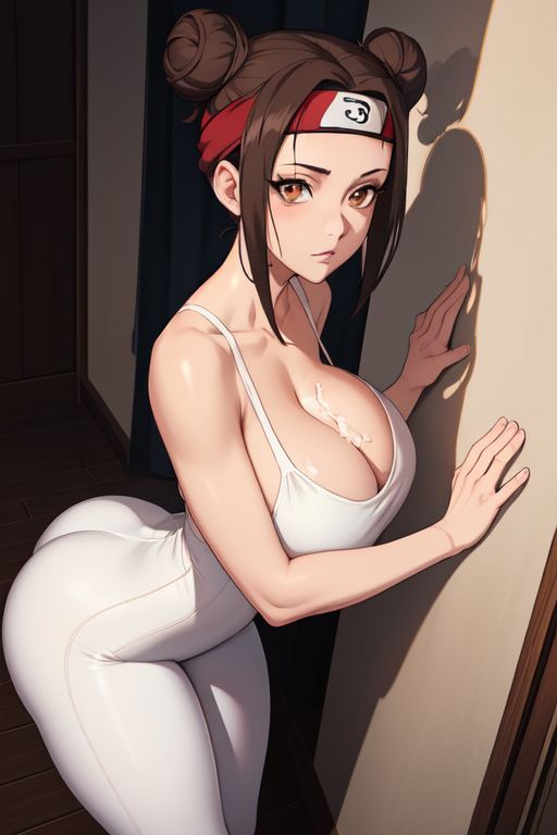 ai generated, big breasts, breasts, brown hair, cum, cum on breasts, female, leggings, naruto, naruto (series), tenten