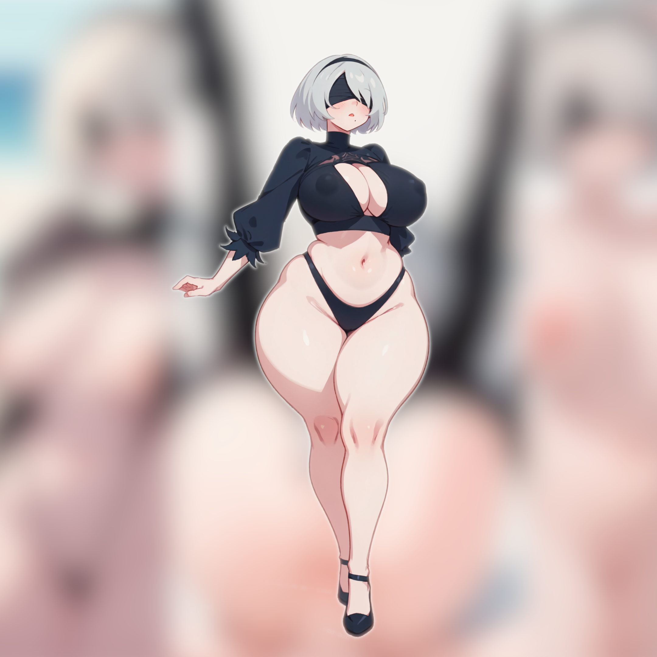 1girls, ai generated, ass, bare legs, big ass, big breasts, blindfold, blurred background, blurry background, breasts, covered nipples, curvaceous, curvaceous figure, curvy, female, female focus, female only, game character, gaming, hairband, high heels, huge boobs, huge breasts, jorgecarlosai, legs, mole, navel, nier, nier (series), nier replicant, nier: automata, panties, solo, solo female, solo focus, thick, thick ass, thick thighs, thighs, voluptuous, voluptuous female, white hair, wide hips, wide thighs, yorha 2b