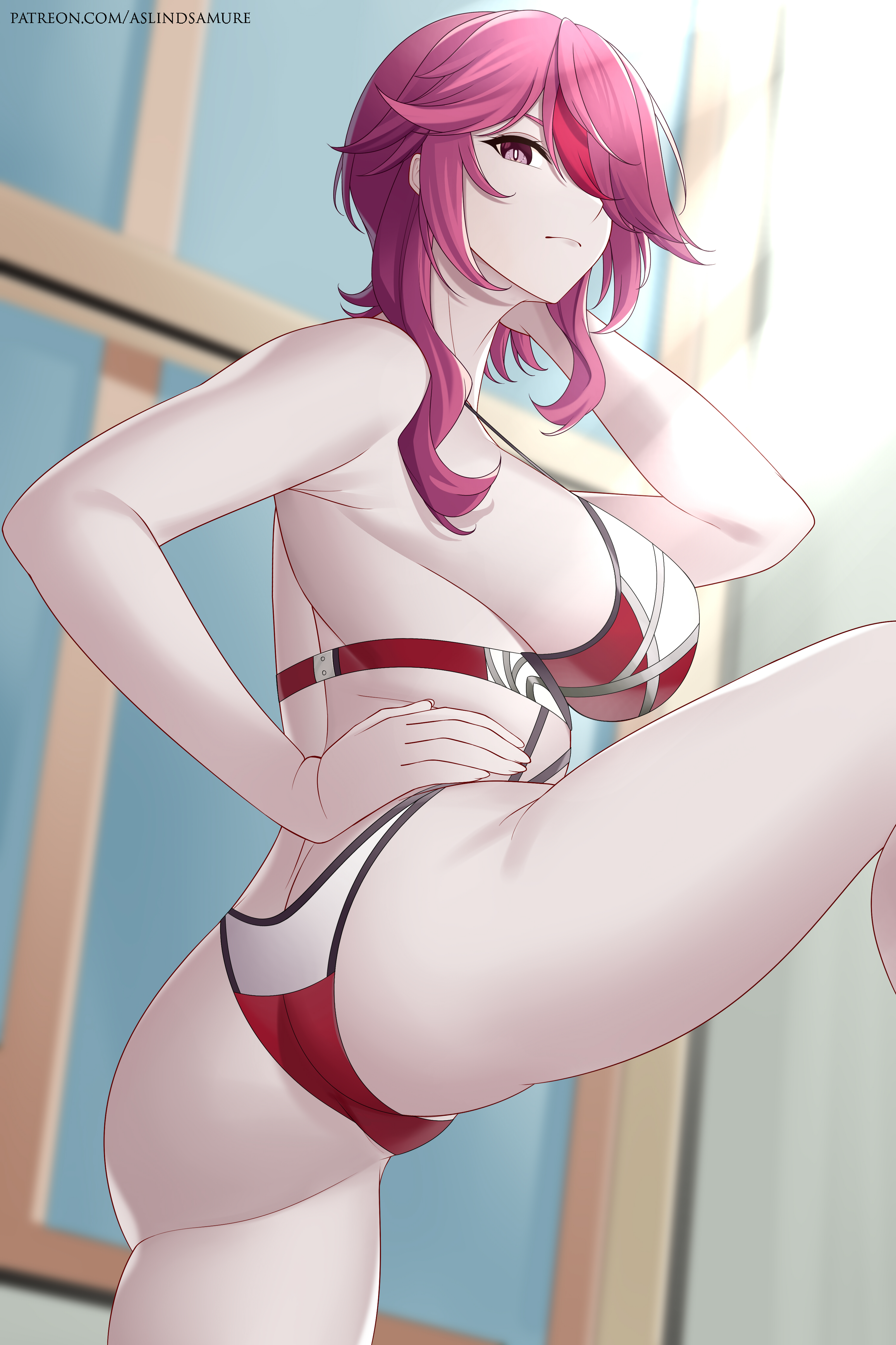 aslindsamure, back view, bra, bra strap, breasts, female, female focus, female only, genshin impact, hair over one eye, hand on neck, hand on waist, leg up, lingerie, looking at viewer, looking back, panties, pink eyes, pink hair, red highlights, rosaria (genshin impact), short hair, short hair with long locks, sideboob, solo, solo female, solo focus, standing, streaked hair, watermark