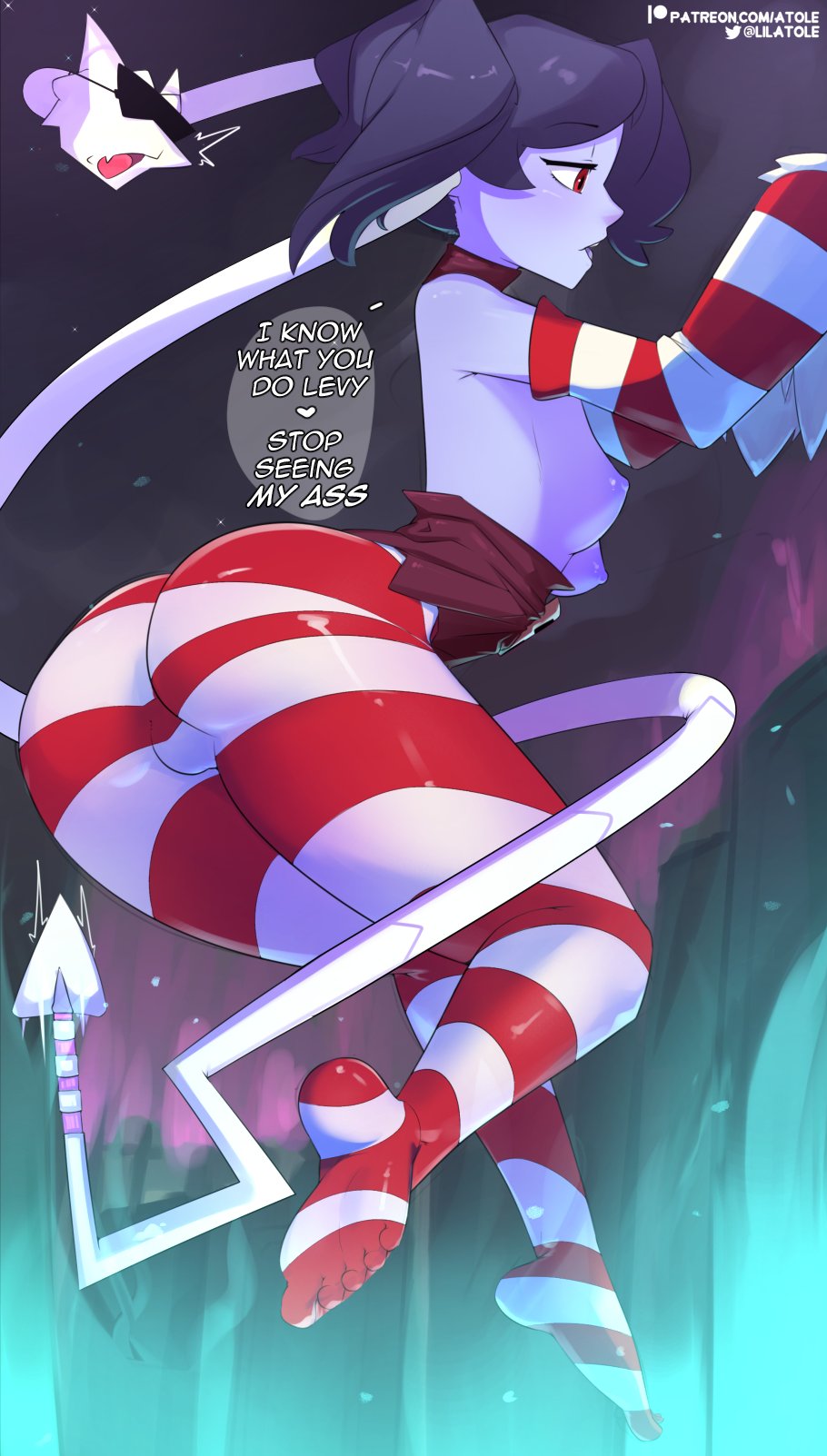 1girls, ass, breasts, female, leviathan (skullgirls), lilatole, nipples, skullgirls, small breasts, squigly, striped legwear, tights, zombie, zombie girl