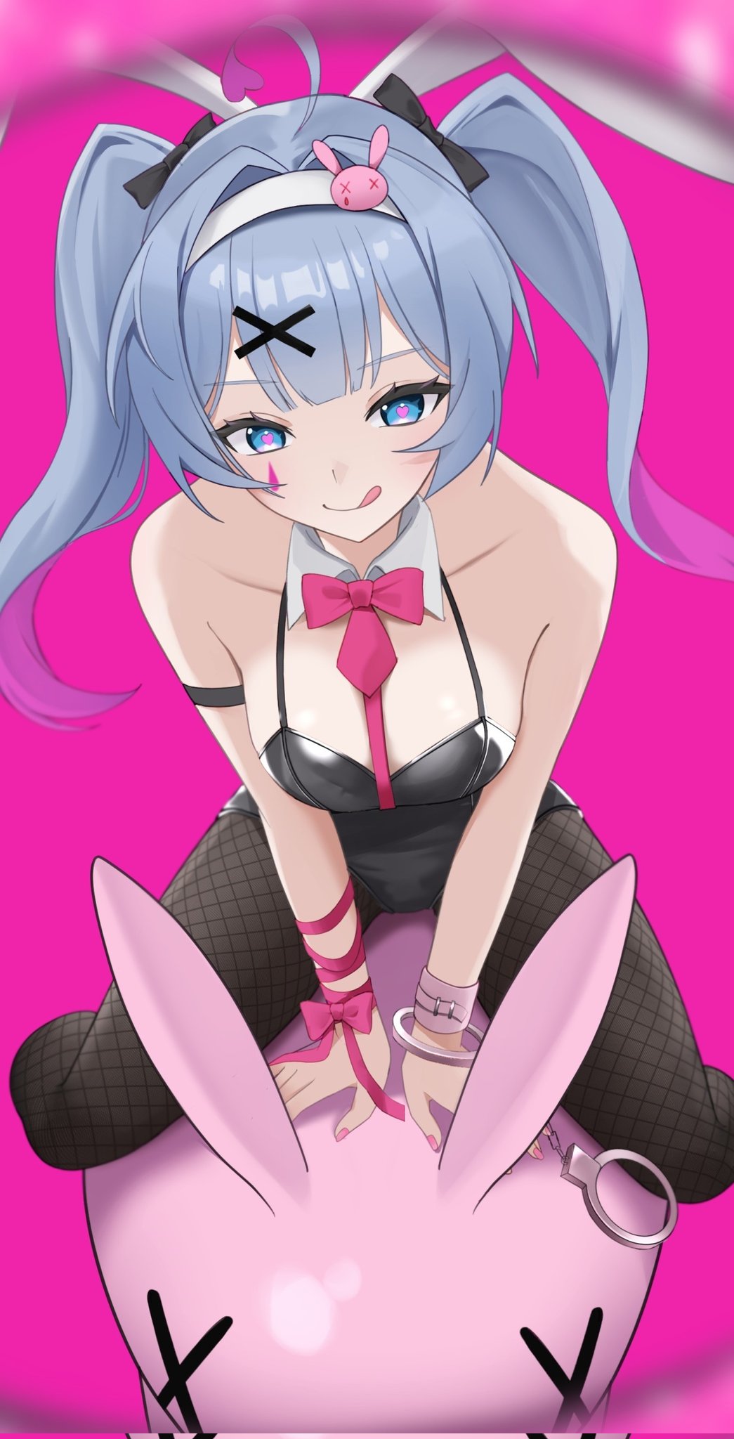 :q, 1girl, 1girls, 2024, ahoge, animal ears, bangs, bare shoulders, black leotard, black pantyhose, blue eyes, blue hair, bondage, bow, bowtie, breasts, bunny ears, bunnysuit, color, corrupted twitter file, detached collar, digital media (artwork), facial markings, fake animal ears, female, fishnet pantyhose, fishnets, hair ornament, hairband, handcuffs, hatsune miku, heart, heart-shaped pupils, latex, latex leotard, leotard, long hair, looking at viewer, medium breasts, multicolored hair, mv character, pantyhose, pink background, pink bow, pink nails, playboy bunny, rabbit, rabbit ears, rabbit hole (vocaloid), ribbon, simple background, smile, solo, symbol-shaped pupils, tongue, tongue out, twintails, uca lamc09, virtual youtuber, vocaloid, x hair ornament