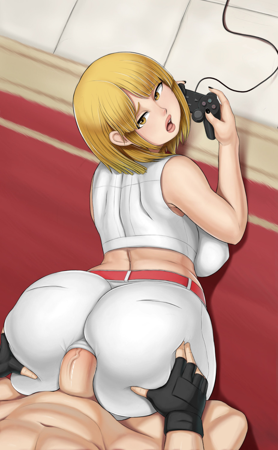 1boy, 1girls, abyssdagon, alternate costume, anal, anal penetration, anal sex, anal through clothes, ashley graham, ashley graham (brooke elizabeth mathieson), ashley graham (popstar), ass, ass grab, capcom, clothing skin, female, forced in fabric, from behind, fucked through clothes, game controller, large ass, light skin, light-skinned female, light-skinned male, looking at viewer, looking back, male, male pov, official alternate costume, open mouth, pants, playing videogame, pov, resident evil, resident evil 4, sex, sex through clothes, sex while gaming