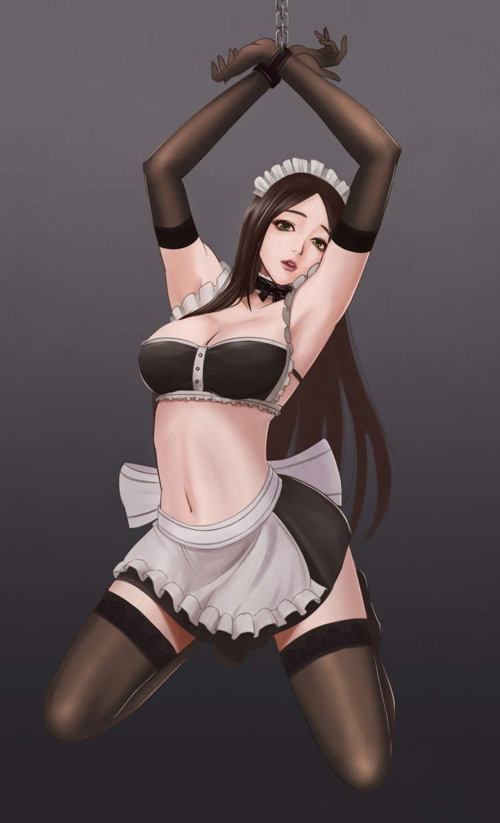 1girls artist_request bare_midriff bondage chained_up chained_wrists chains choker cleavage elbow_gloves female female_only french_maid french_maid_nidalee gloves gradient_background green_eyes lace-trimmed_gloves lace-trimmed_thighhighs lace_trim league_of_legends long_hair maid maid_apron maid_headdress maid_outfit maid_stockings maid_uniform miniskirt navel nidalee on_knees riot_games shaved_armpit simple_background skimpy skimpy_clothes skimpy_costume skimpy_dress skimpy_outfit source_request stockings the_grind_series thighhighs zettai_ryouiki