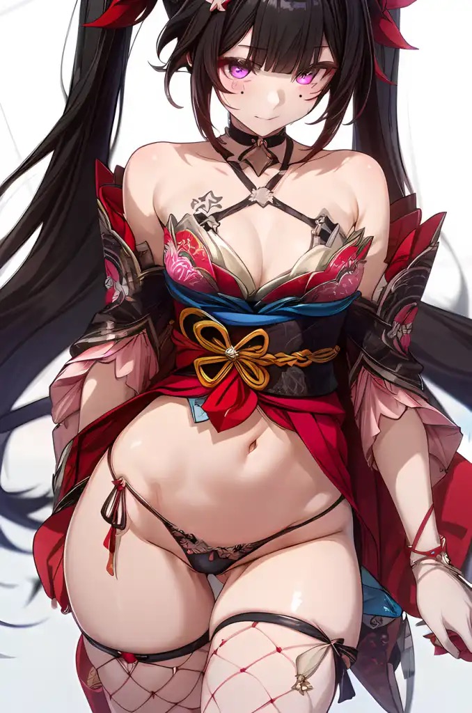1girls, ai generated, female, female focus, female only, fishnets, honkai: star rail, kimono, navel, purple eyes, sparkle (honkai: star rail), thong, tummy, twintails