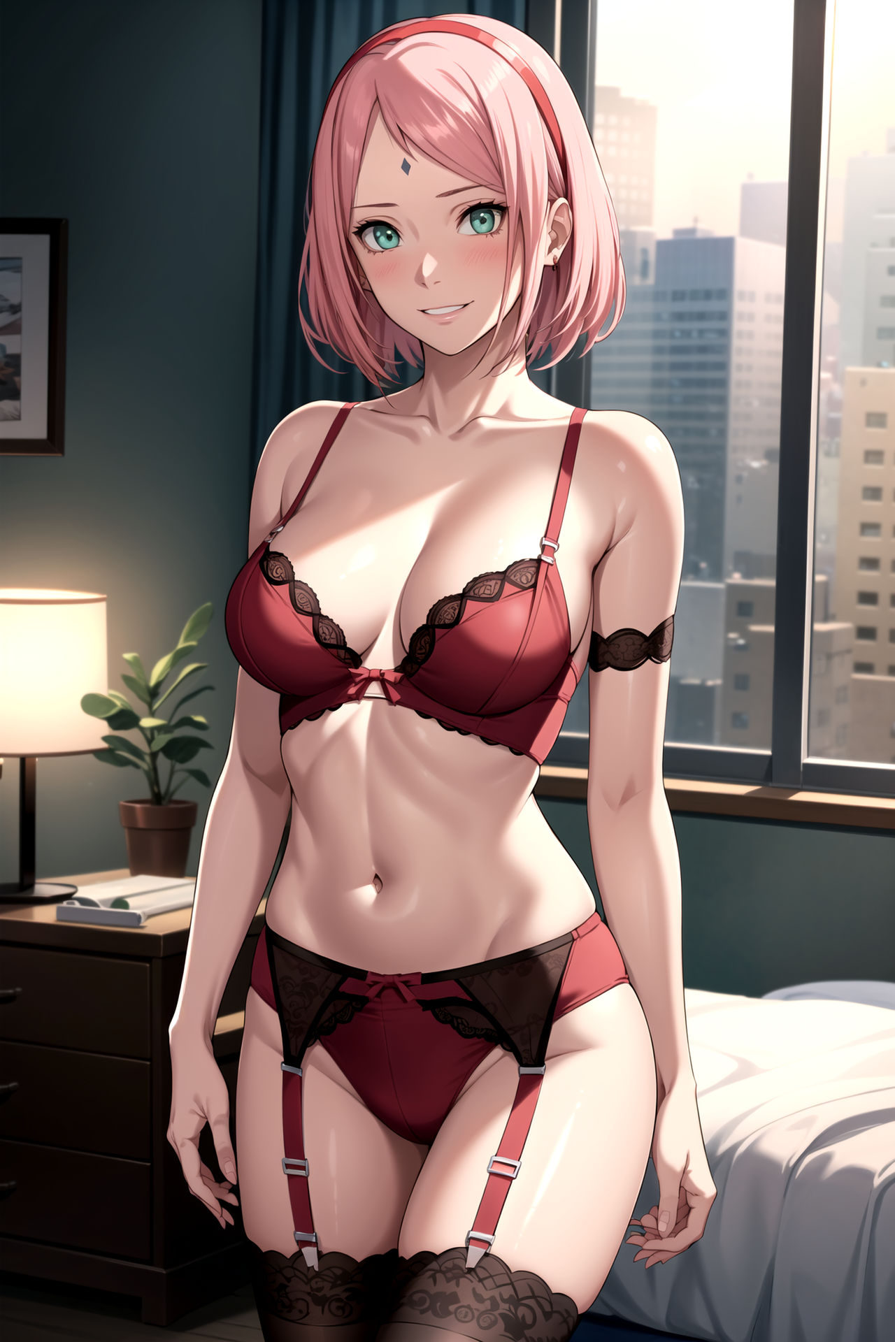 1girls ai_generated arm_support artist_name bare_legs bare_shoulders blush boobeetan boruto:_naruto_next_generations bra cleavage female female_only from_behind g-string garter_belt garter_straps green_eyes hair_ornament hairband huge_ass indoors legwear light-skinned_female light_skin lingerie lingerie_only mismatched_legwear nai_diffusion naruto naruto_(series) navel pale-skinned_female pale_skin panties pink_hair pinup sakura_haruno sideboob single_thighhigh sitting sitting_on_bed smile solo solo_focus stable_diffusion stockings thick_thighs thighs thong underwear underwear_only url watermark web_address