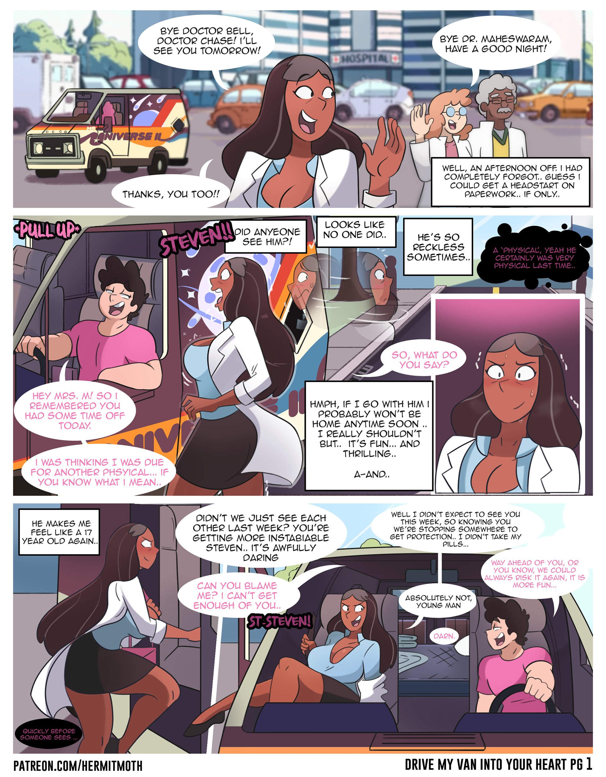 cartoon network, comic, dark skin, dark-skinned female, english text, female, hermitmoth, indian, male, milf, page 1, page number, priyanka maheswaran, steven quartz universe, steven universe