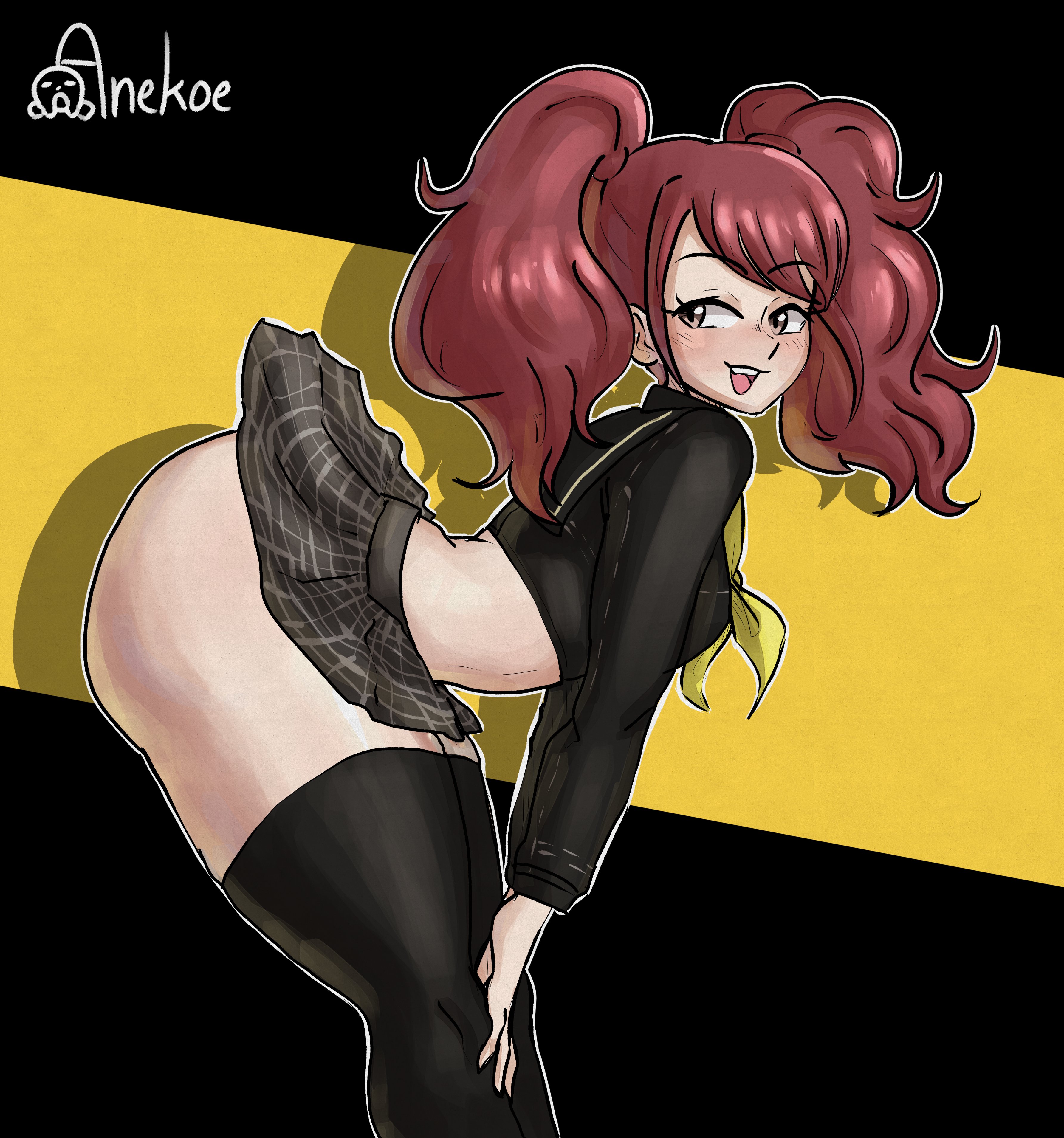 1girls, alternate version available, anekoe98, asian, asian female, ass, atlus, big ass, breasts, brown hair, exposed ass, female, female only, high school student, huge ass, idol, kujikawa rise, large ass, long hair, megami tensei, no panties, persona, persona 4, school uniform, sega, shin megami tensei, skirt up, teenager, thick thighs, twintails, uniform