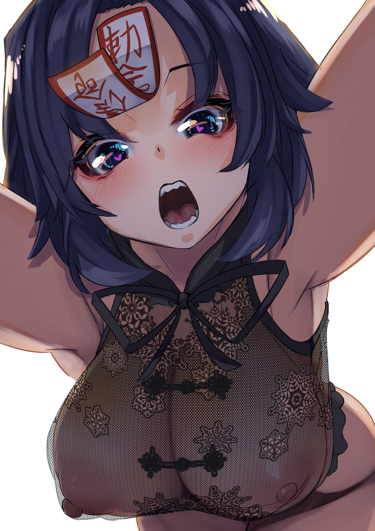 black hair, blue eyes, breasts, commentary request, covered nipples, fangs, female, heart, heart-shaped pupils, highres, jiangshi, large breasts, looking at viewer, nightgown, open mouth, pov, short hair, simple background, solo, symbol-shaped pupils, textless, touhou, translated, white background, yoshika miyako, yukito (dreamrider)