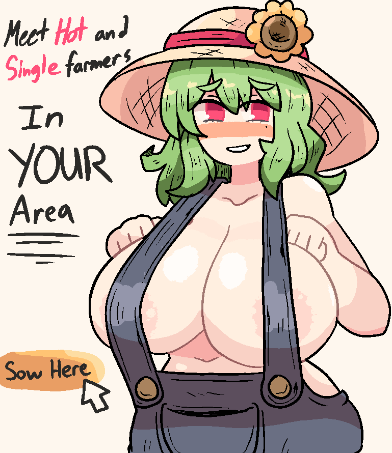 1girls areolae_slip big_breasts breasts doodle english_text farmer green_hair hat light-skinned_female mature_female meme mole mole_under_eye notnoe_(dxcl) red_eyes request revealing_clothes sideboob solo solo_female teeth text touhou white_background yuka_kazami yuuka_kazami