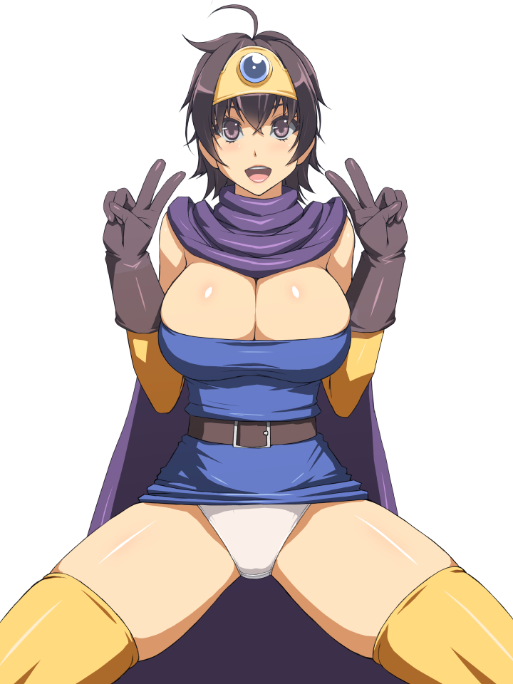 1girls 2024 abu ahoge belt breasts brown_eyes brown_hair cape cleavage double_v dragon_quest dragon_quest_iii dress dress_up gloves heroine_(dq3) large_breasts looking_at_viewer minidress open_mouth panties roto short_hair skindentation smile tagme thighhighs thighs tight_clothing tight_dress white_background white_panties