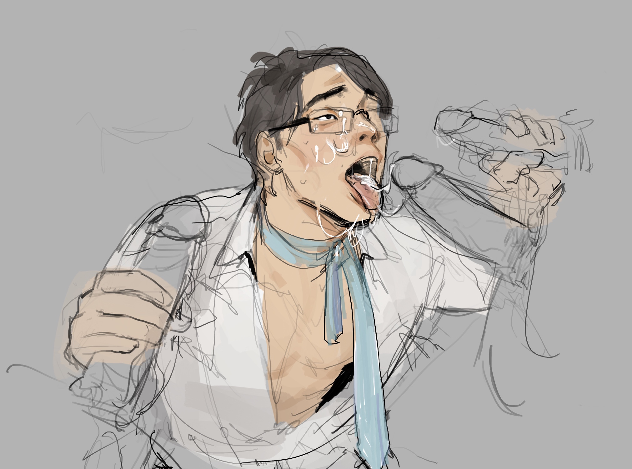 abs, apex legends, athletic, athletic male, big penis, black hair, blowjob, blowjob face, bukkake, colored, crypto (apex legends), cum, cum in mouth, cum on face, cumdump, cumming, cumshot, double handjob, ejaculation, erection, exposed torso, fellatio, fellatio face, gangbang, gay, gay sex, genital fluids, genitals, glasses, grey background, group, group sex, holding penis, jerking, jerkingoff another, kneeling, male, male focus, male only, male/male, malesub, masturbating during fellatio, masturbation, multiple boys, multiple males, multiple penises, one eye closed, open mouth, oral, oral sex, penis, pubic hair, public use, sex, shirt open, short hair, simple background, tongue, tongue out, used, video game character, white skin, yaoi