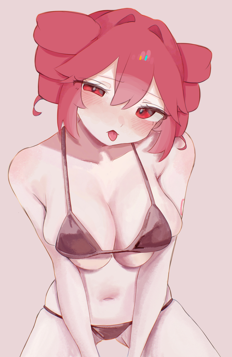 1girls bikini blush female female_focus female_only kasane_teto large_breasts open_mouth red_eyes red_hair short_hair solo solo_female solo_focus tongue tongue_out twin_drills utau