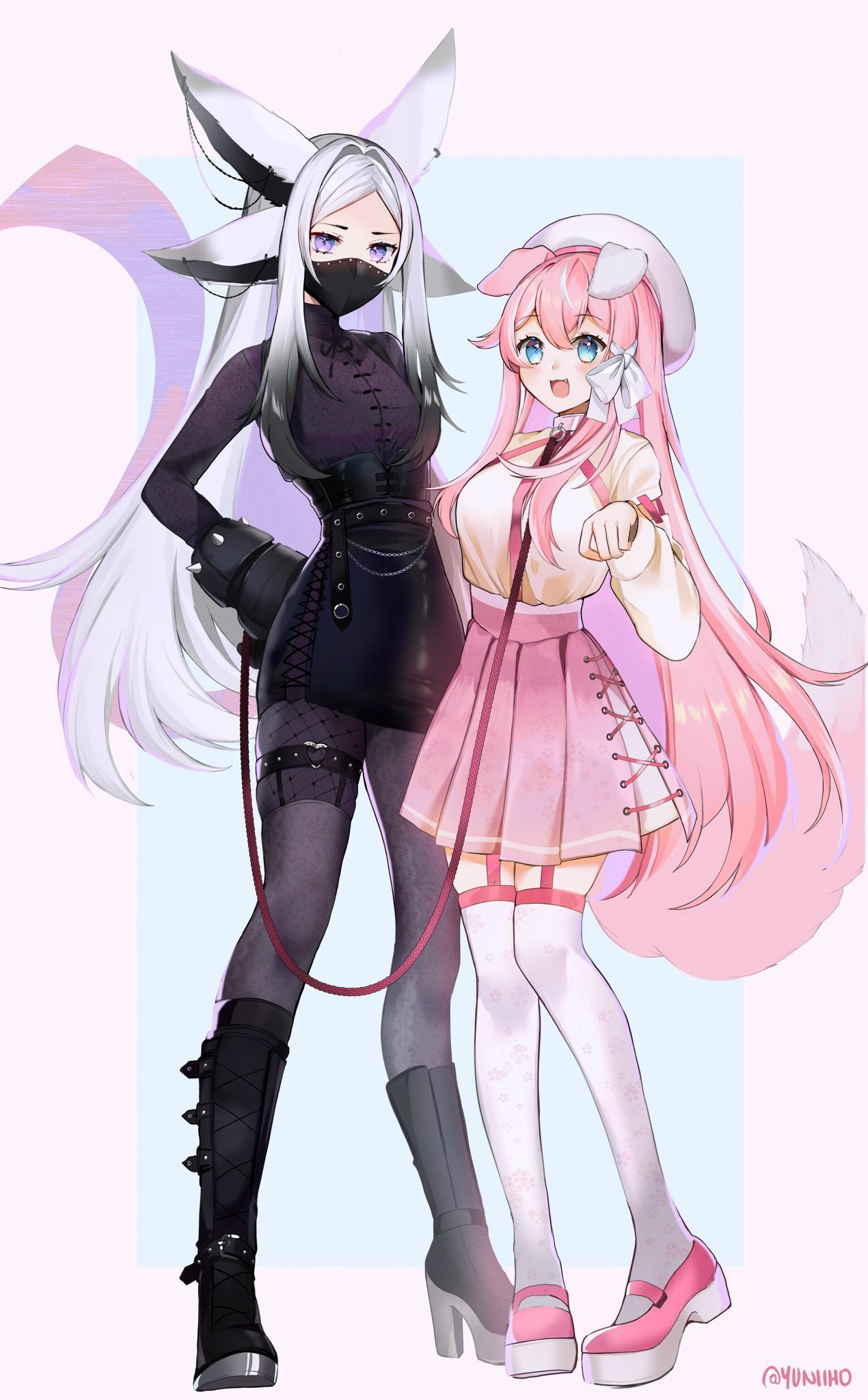 blue_eyes dog_ears dog_girl dya_rikku_(vtuber) female_only fox_ears high_heel_boots high_heels pink_hair purple_eyes virtual_youtuber vyugen white_hair yuniiho yuniiho_(character)