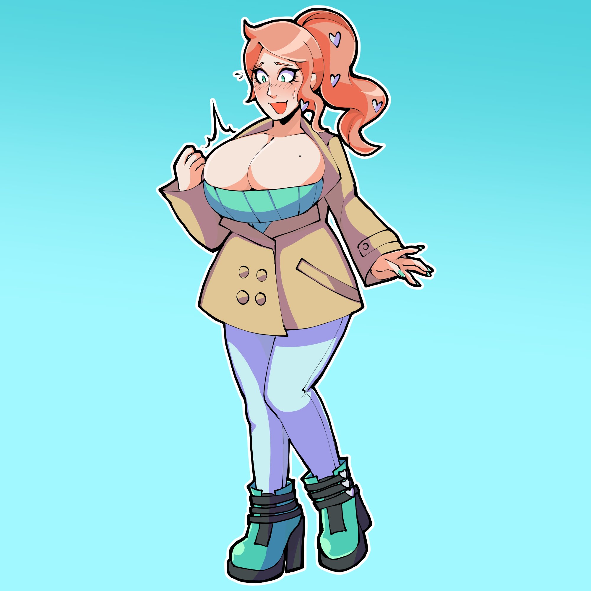 1girls, beauty mark, blue background, blue nails, blush, bluueygooey, boots, breast expansion, breast growth, breast growth (enlargement), breasts, cleavage, embarrassed, female, female only, green eyes, green nails, high heels, huge breasts, mole, mole on breast, nail polish, nervous, nervous smile, nintendo, open mouth, orange hair, pokemon, pokemon ss, ponytail, shocked, simple background, solo, sonia (pokemon), sweater