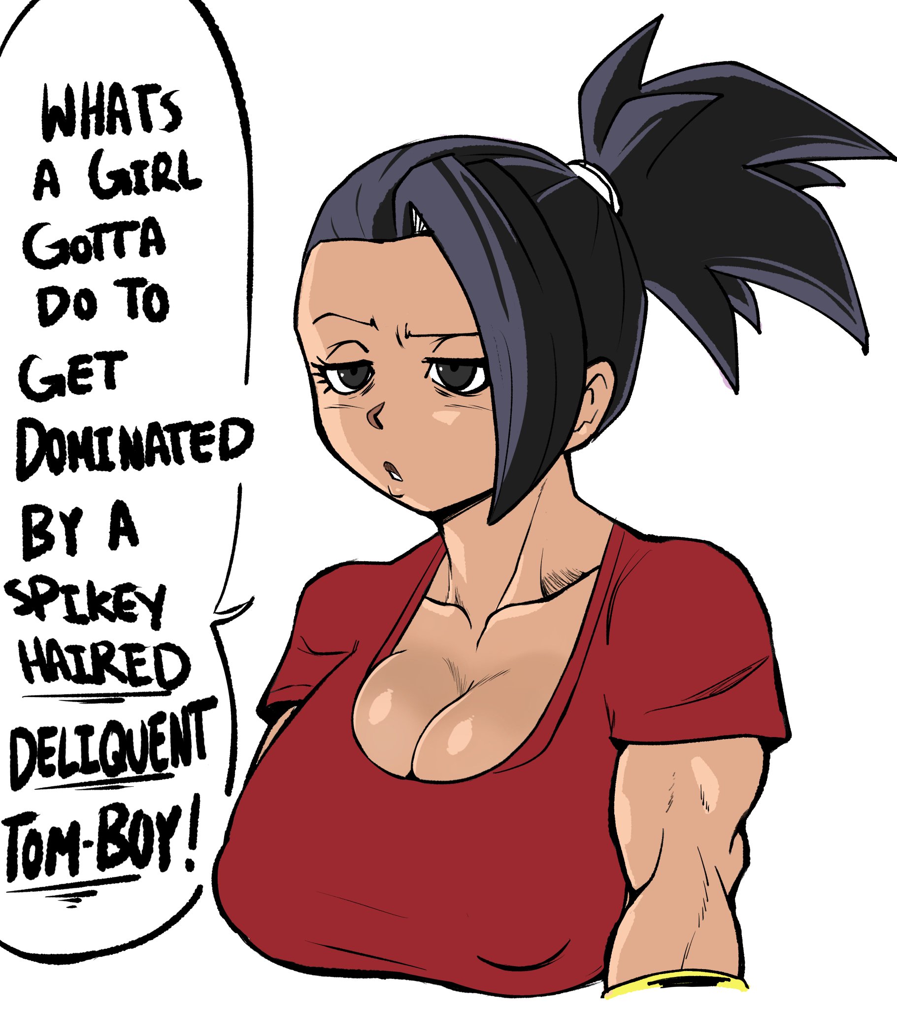 1girls, black hair, breasts, cleavage, dialogue, dragon ball, dragon ball super, english text, female, female focus, female only, female saiyan, huge breasts, implied yuri, kale, muscles, muscular, muscular female, ponytail, pseudocel, saiyan, solo, solo female, speech bubble, tan skin, text, universe 6 saiyan/universe 7 saiyan, universe 6/universe 7