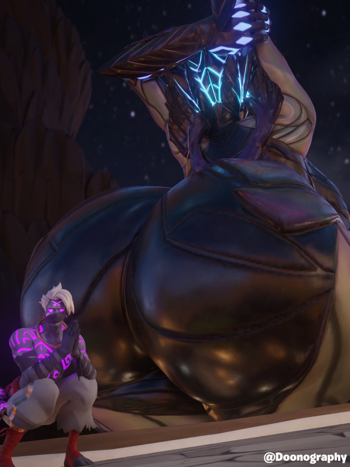 1boy 1girls armor armored_female ass ass_focus back_view big_ass doonography enormous_ass fortnite giantess gigantic_ass glyph_master_raz hyper_ass massive_ass raz_(fortnite) references size_difference spire_assassin_(fortnite) tagme