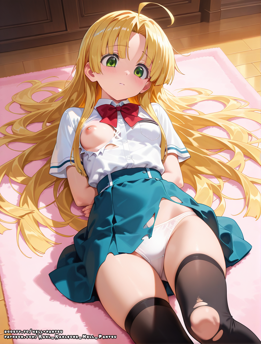 ahoge ai_generated asia_argento blonde_hair female green_eyes hell-pantsu high_school_dxd long_hair school_uniform small_breasts solo