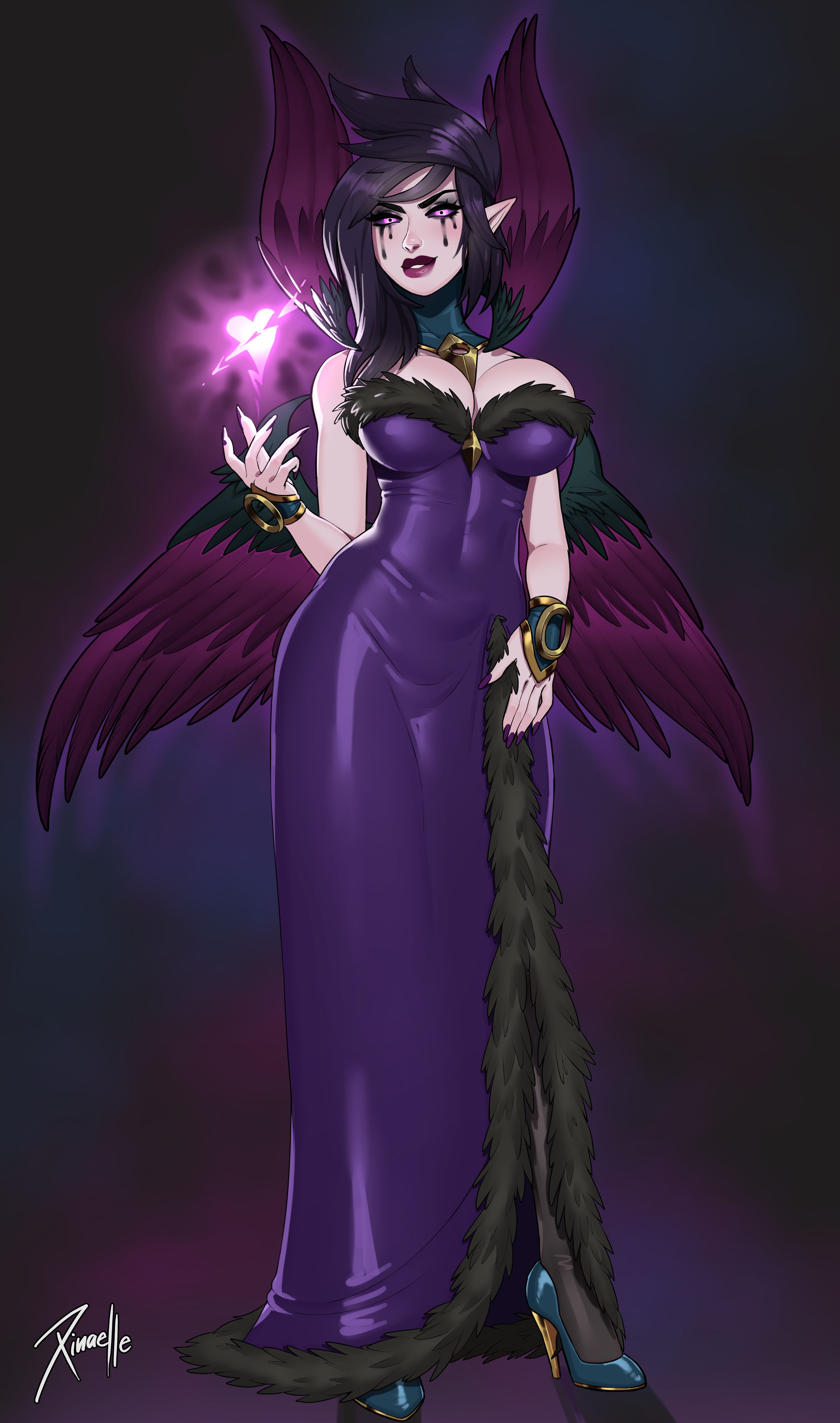 black hair, clothed, female, female only, fully clothed, goth, goth girl, high heels, league of legends, morgana, wings, xinaelle