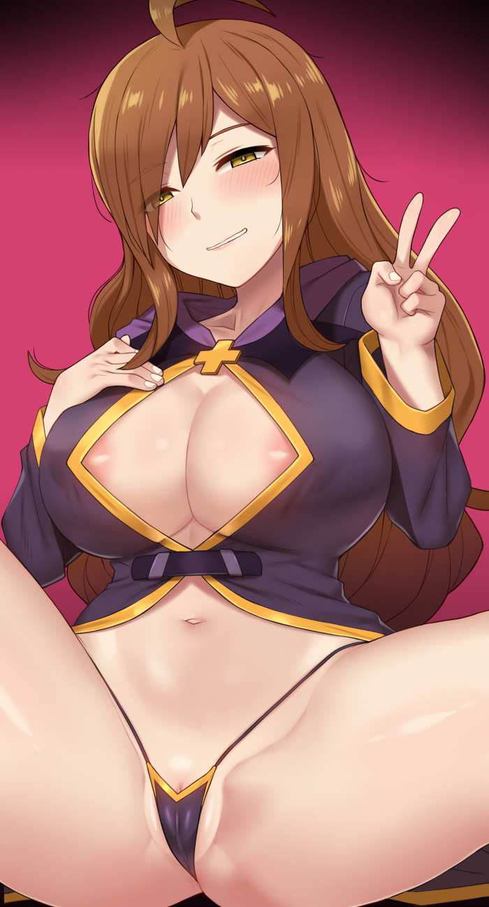 1girls ahoge anus anus_peek ass big_breasts blush breasts brown_eyes brown_hair cameltoe center_opening cleavage cleft_of_venus clitoris_slip collarbone commentary covered_erect_nipples gradient_background half-closed_eyes hand_on_own_chest highres kono_subarashii_sekai_ni_shukufuku_wo! large_breasts long_hair long_sleeves looking_at_viewer micro_panties navel nt00 panties partially_visible_vulva pink_background pussy pussy_peek robe sitting solo spread_legs stomach thighs underwear v wiz_(konosuba)